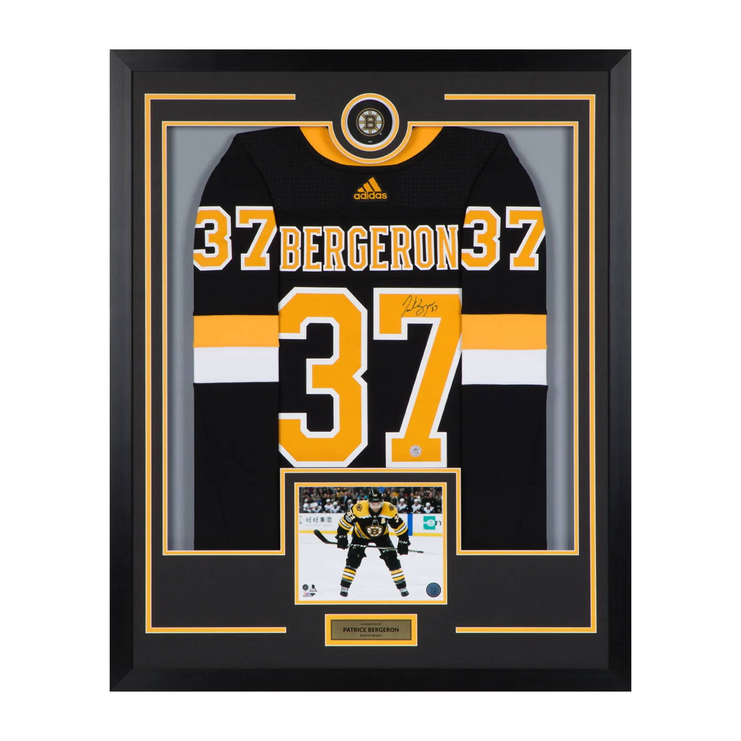 Patrice Bergeron Autographed Boston Bruins Puck Logo 36x44 Jersey Frame Patrice Bergeron Jersey 36x44-logo-frame, Boston Bruins, supplier stock photo