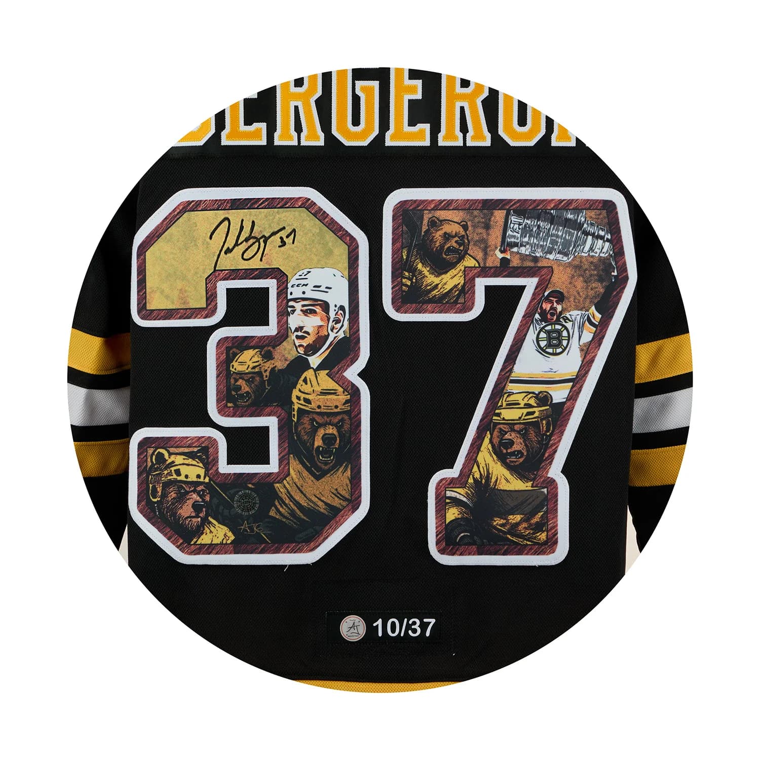 Patrice Bergeron Signed Boston Bruins Comic Book Bear Art Jersey #10/37 Patrice Bergeron Jersey patrice-bergeron-boston-bruins-comic-book, Boston Bruins, view 3, supplier stock photo