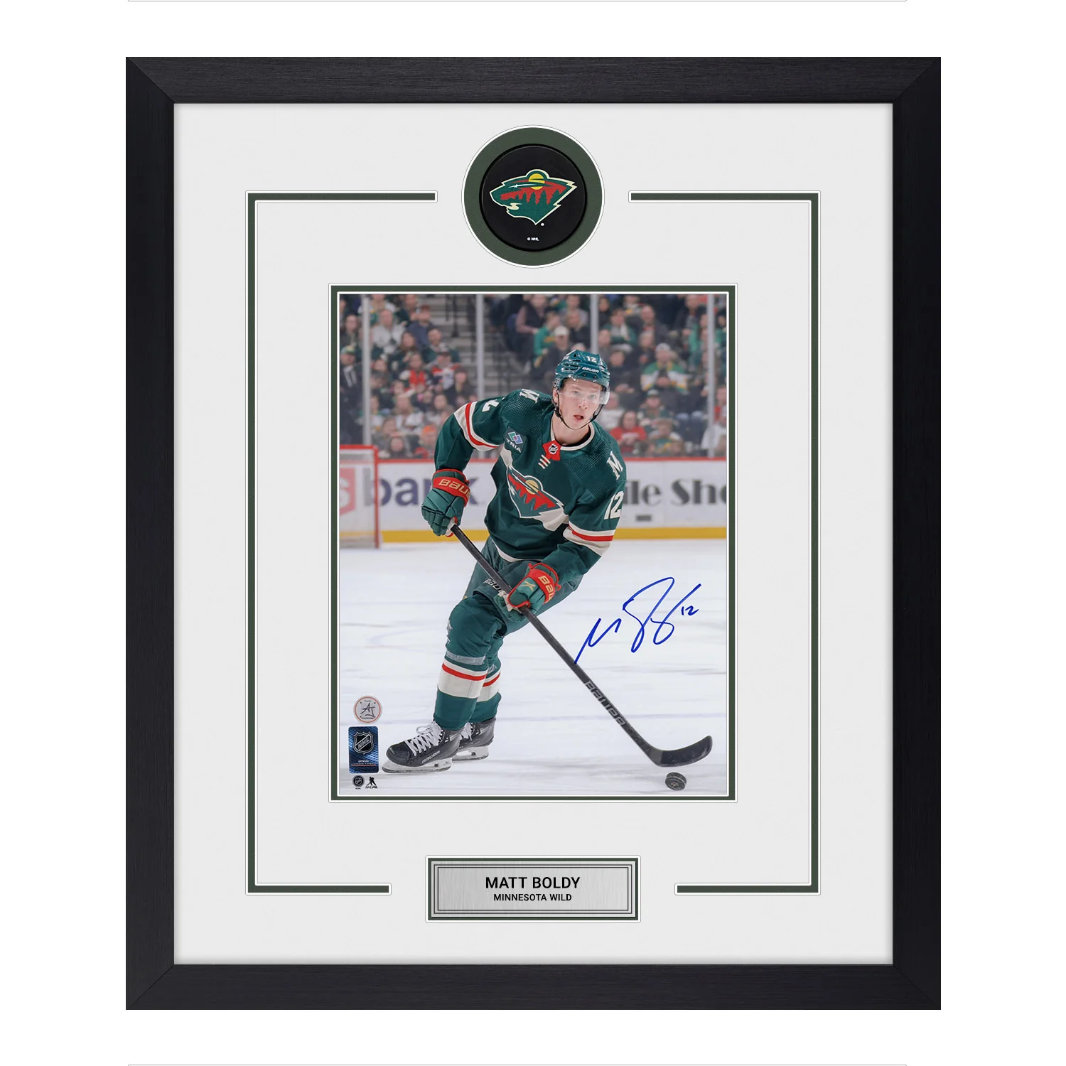 Matt Boldy Autographed Minnesota Wild Puck Logo 23x27 Frame Matt Boldy Puck 23x27-logo-frame, Minnesota Wild, supplier stock photo