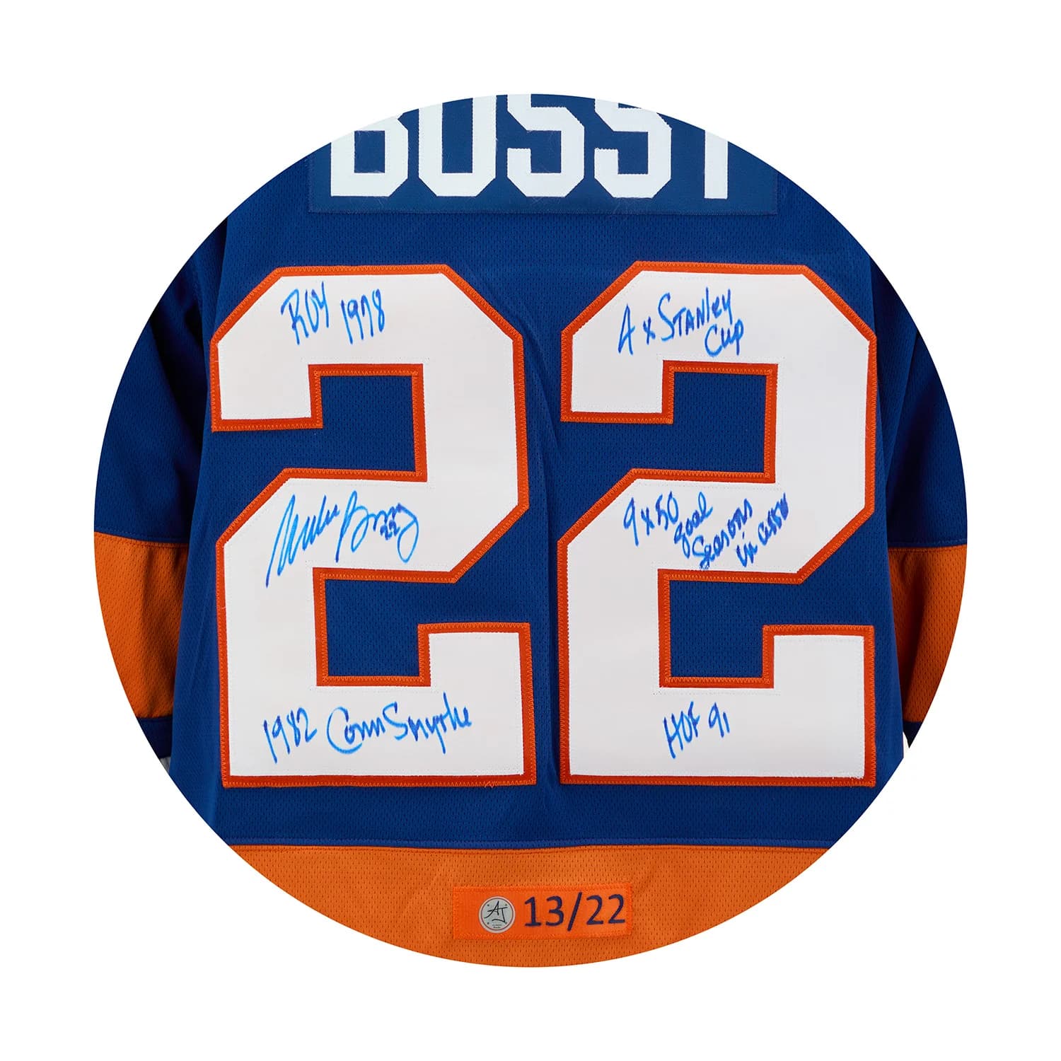 Mike Bossy New York Islanders Signed & Inscribed Stats Breakaway Jersey #13/22 Mike Bossy Jersey mike-bossy-york-islanders-inscribed-stats, New York Islanders, view 3, supplier stock photo