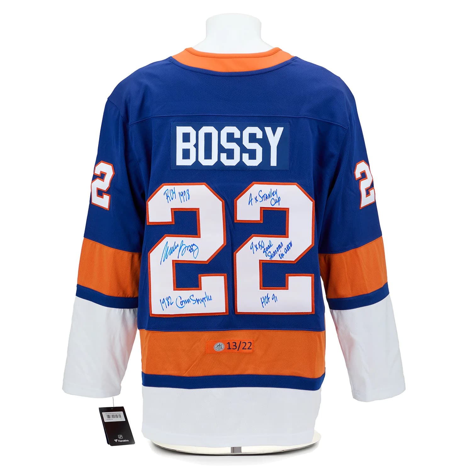 Mike Bossy New York Islanders Signed & Inscribed Stats Breakaway Jersey #13/22 Mike Bossy Jersey mike-bossy-york-islanders-inscribed-stats, New York Islanders, supplier stock photo