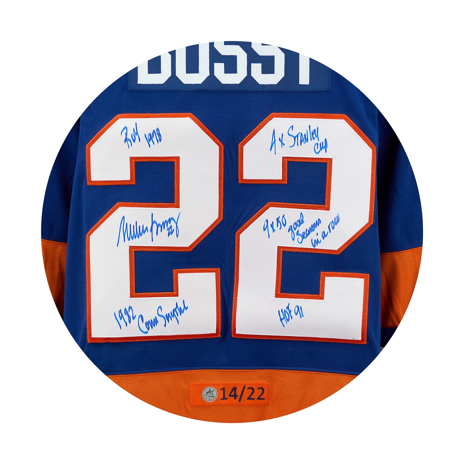 Mike Bossy New York Islanders Signed & Inscribed Stats Breakaway Jersey #14/22 Mike Bossy Jersey mike-bossy-york-islanders-inscribed-stats, New York Islanders, view 3, supplier stock photo