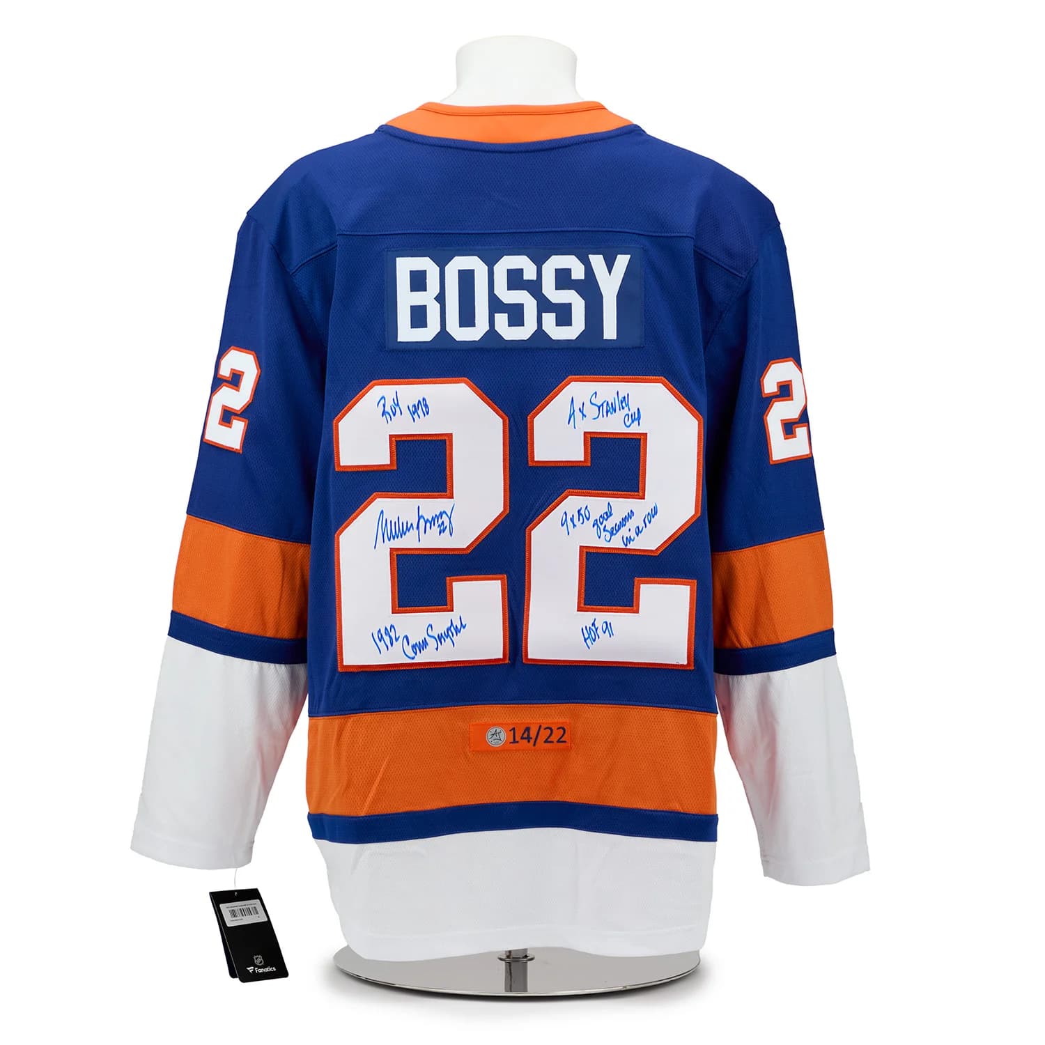 Mike Bossy New York Islanders Signed & Inscribed Stats Breakaway Jersey #14/22 Mike Bossy Jersey mike-bossy-york-islanders-inscribed-stats, New York Islanders, supplier stock photo