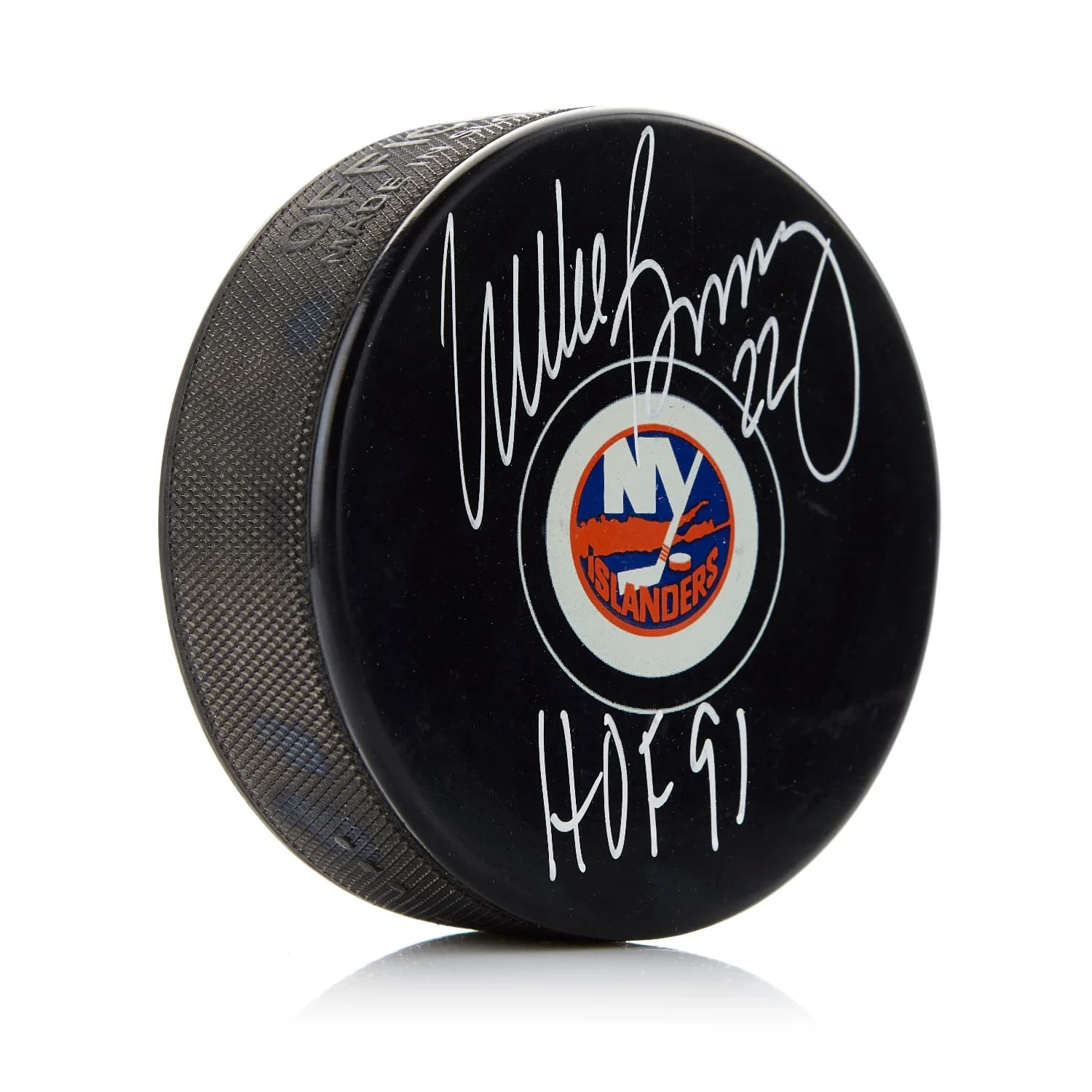 Mike Bossy Autographed New York Islanders Hockey Puck with HOF Note Mike Bossy Puck mike-bossy-york-islanders-hockey-hof, New York Islanders, supplier stock photo