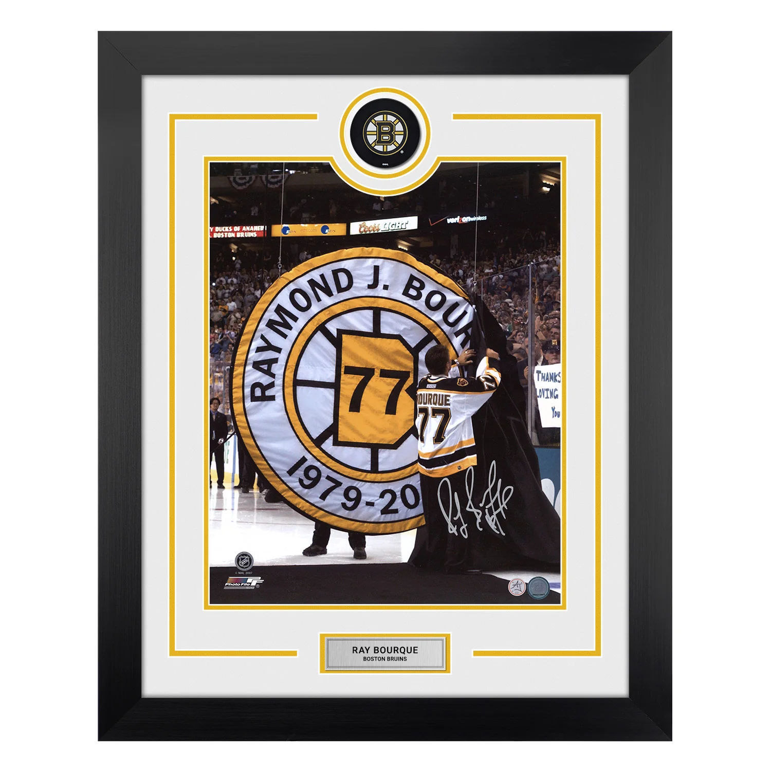 Ray Bourque Autographed Boston Bruins Puck Logo 26x32 Frame Ray Bourque Puck 26x32-logo-frame, Boston Bruins, supplier stock photo