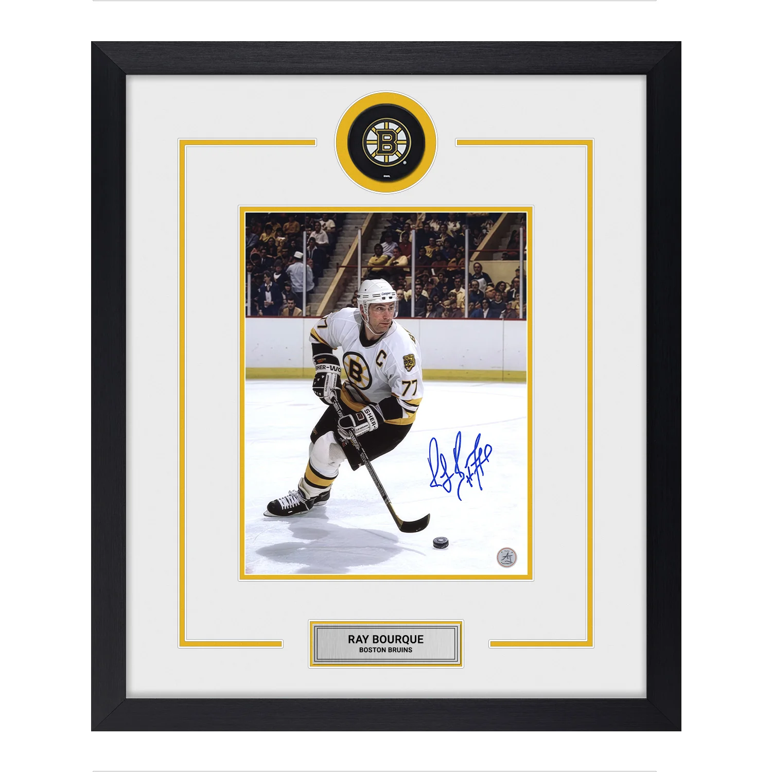 Ray Bourque Autographed Boston Bruins Puck Logo 22x26 Frame Ray Bourque Puck 22x26-logo-frame, Boston Bruins, supplier stock photo