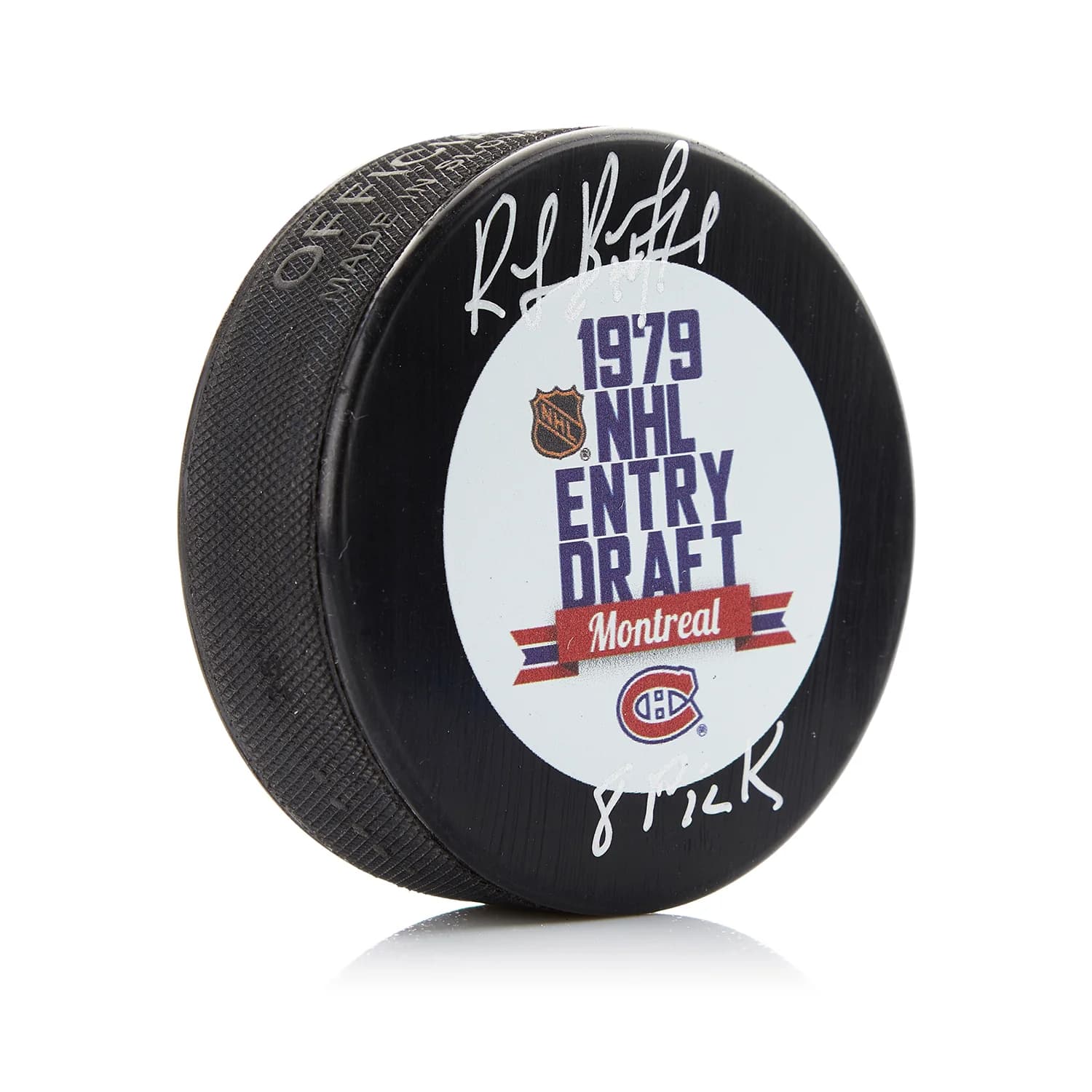 Ray Bourque Signed 1979 NHL Entry Draft Puck with 8th Pick Note Ray Bourque Puck 1979-nhl-entry-draft-8th-pick, supplier stock photo