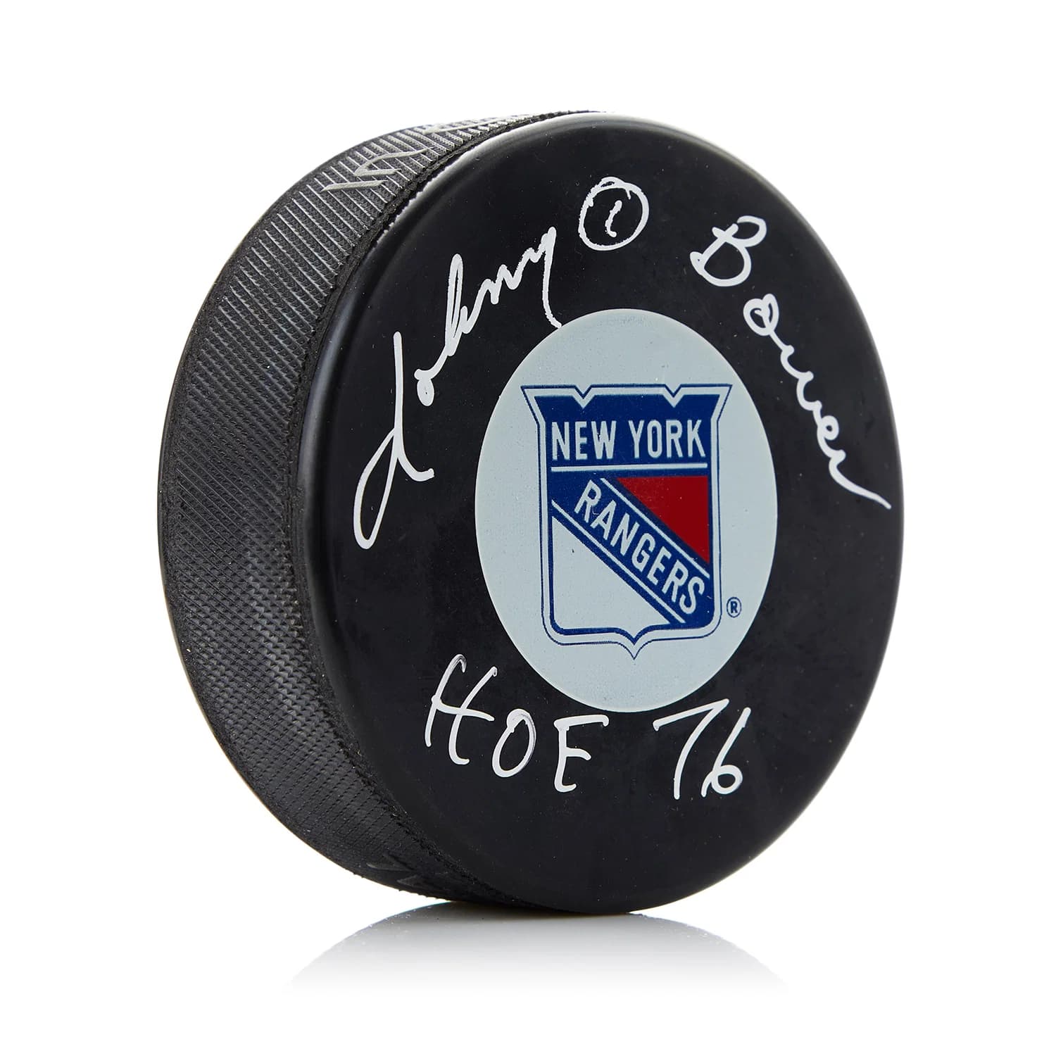 Johnny Bower Autographed New York Rangers Hockey Puck with HOF Note Johnny Bower Puck hockey-hof-note, New York Rangers, supplier stock photo
