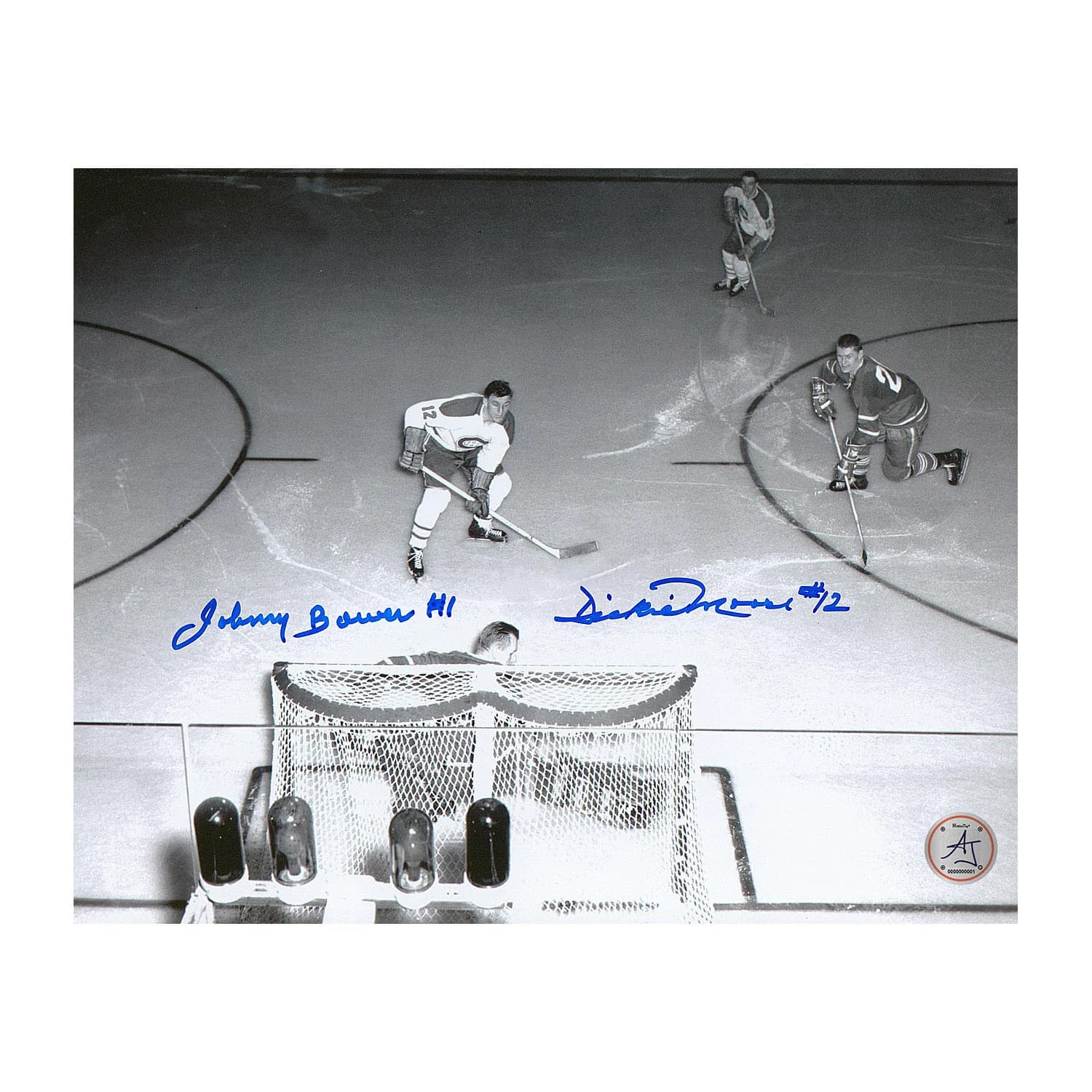 Johnny Bower vs Dickie Moore Dual Signed Leafs Canadiens Overhead 8x10 Photo Johnny Bower Photo 8x10-vs-dickie-moore-dual-leafs-overhead, Montreal Canadiens, supplier stock photo