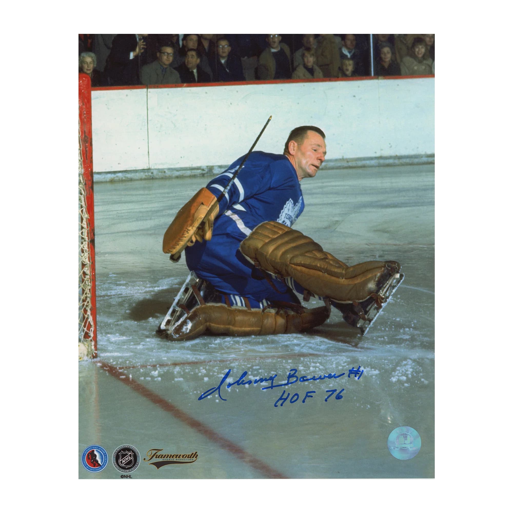 Johnny Bower Signed Toronto Maple Leafs Kick Save 8x10 Photo with HOF Note Johnny Bower Photo 8x10-kick-save-hof-note, Toronto Maple Leafs, supplier stock photo
