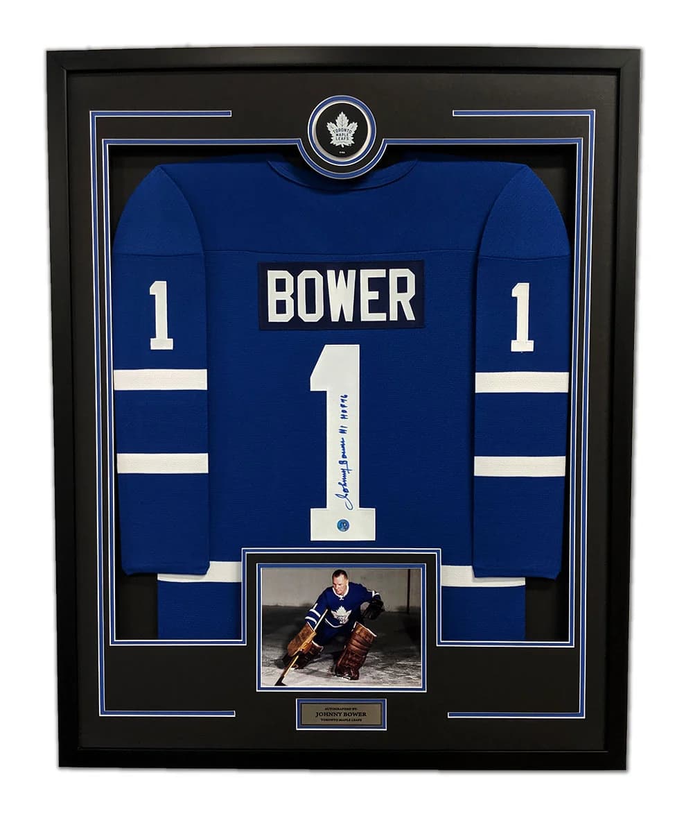 Johnny Bower Signed Toronto Maple Leafs Puck Logo 36x44 Jersey Frame Johnny Bower Jersey 36x44-logo-frame, Toronto Maple Leafs, supplier stock photo