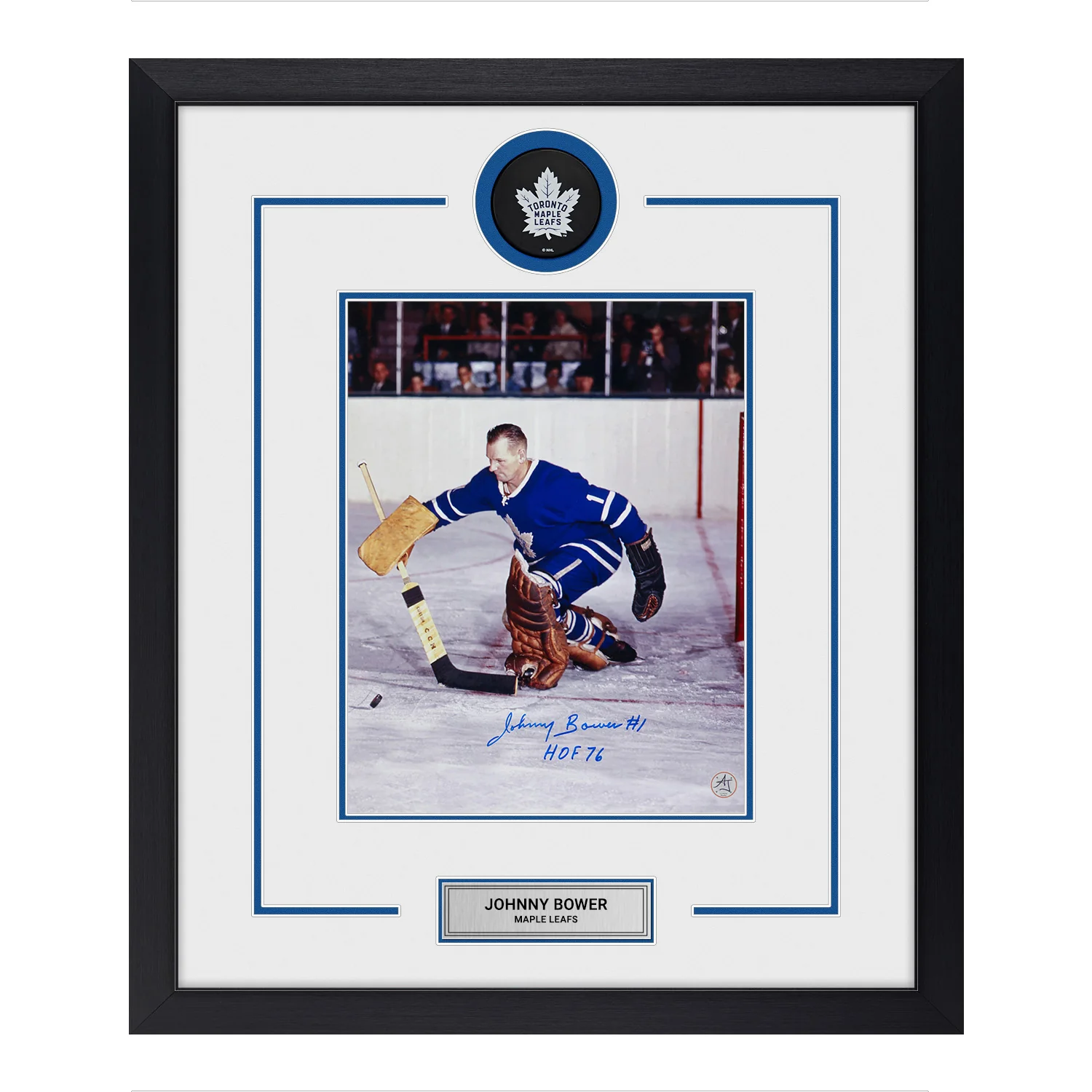 Johnny Bower Autographed Toronto Maple Leafs Puck Logo 22x26 Frame Johnny Bower Puck 22x26-logo-frame, Toronto Maple Leafs, supplier stock photo