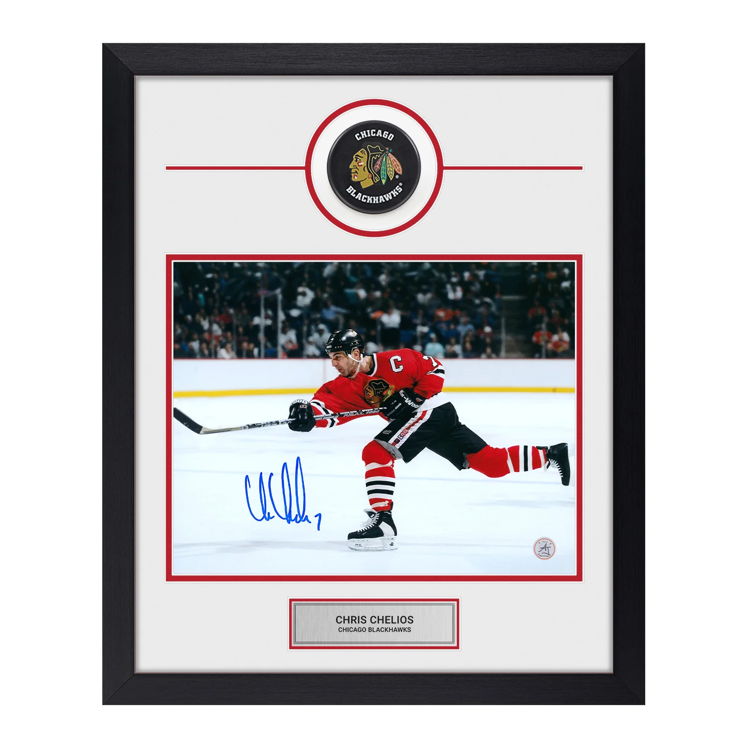 Chris Chelios Autographed Chicago Blackhawks Puck Logo 18x22 Frame Chris Chelios Puck 18x22-chris-chelios-logo-frame, Chicago Blackhawks, supplier stock photo