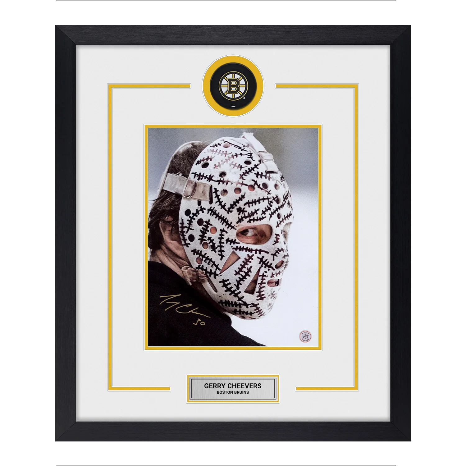 Gerry Cheevers Autographed Boston Bruins Puck Logo 22x26 Frame Gerry Cheevers Puck 22x26-logo-frame, Boston Bruins, supplier stock photo