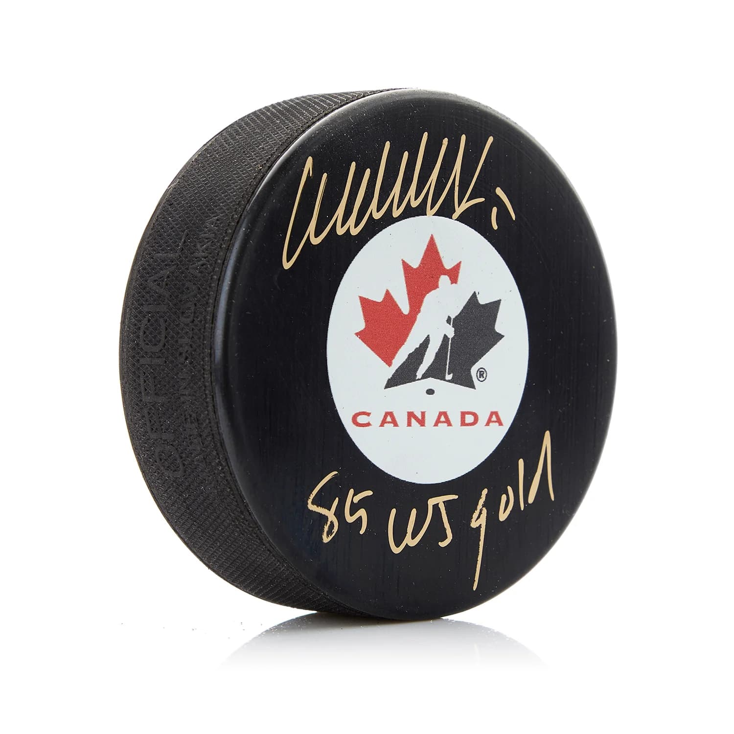 Wendel Clark Signed Team Canada Puck with JR Gold Note Wendel Clark Puck team-canada-jr-gold-note, supplier stock photo
