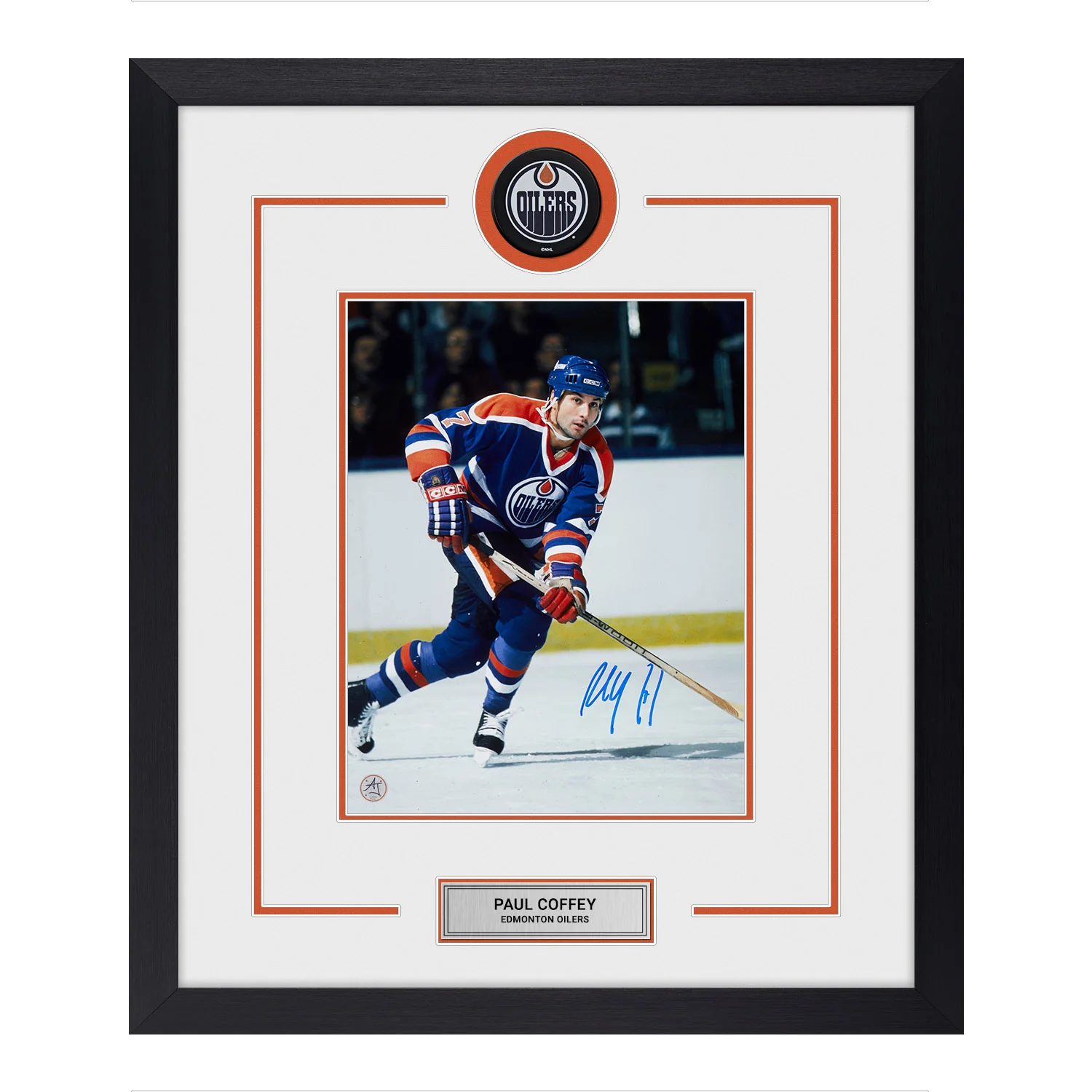 Paul Coffey Autographed Edmonton Oilers Puck Logo 23x27 Frame Paul Coffey Puck 23x27-logo-frame, Edmonton Oilers, supplier stock photo