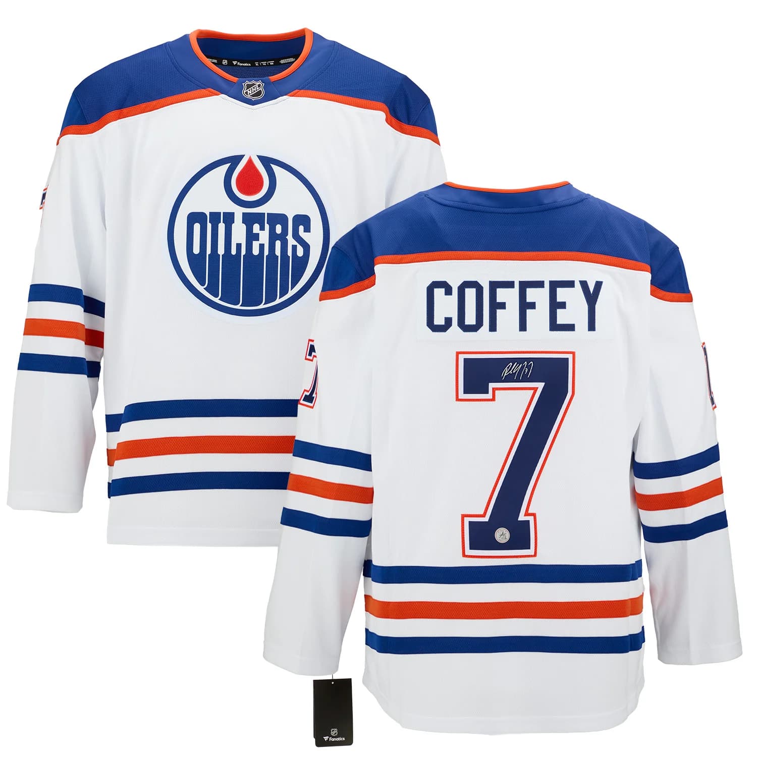 Paul Coffey Signed Edmonton Oilers White Fanatics Breakaway Jersey Paul Coffey Jersey white-breakaway, Edmonton Oilers, view 3, supplier stock photo