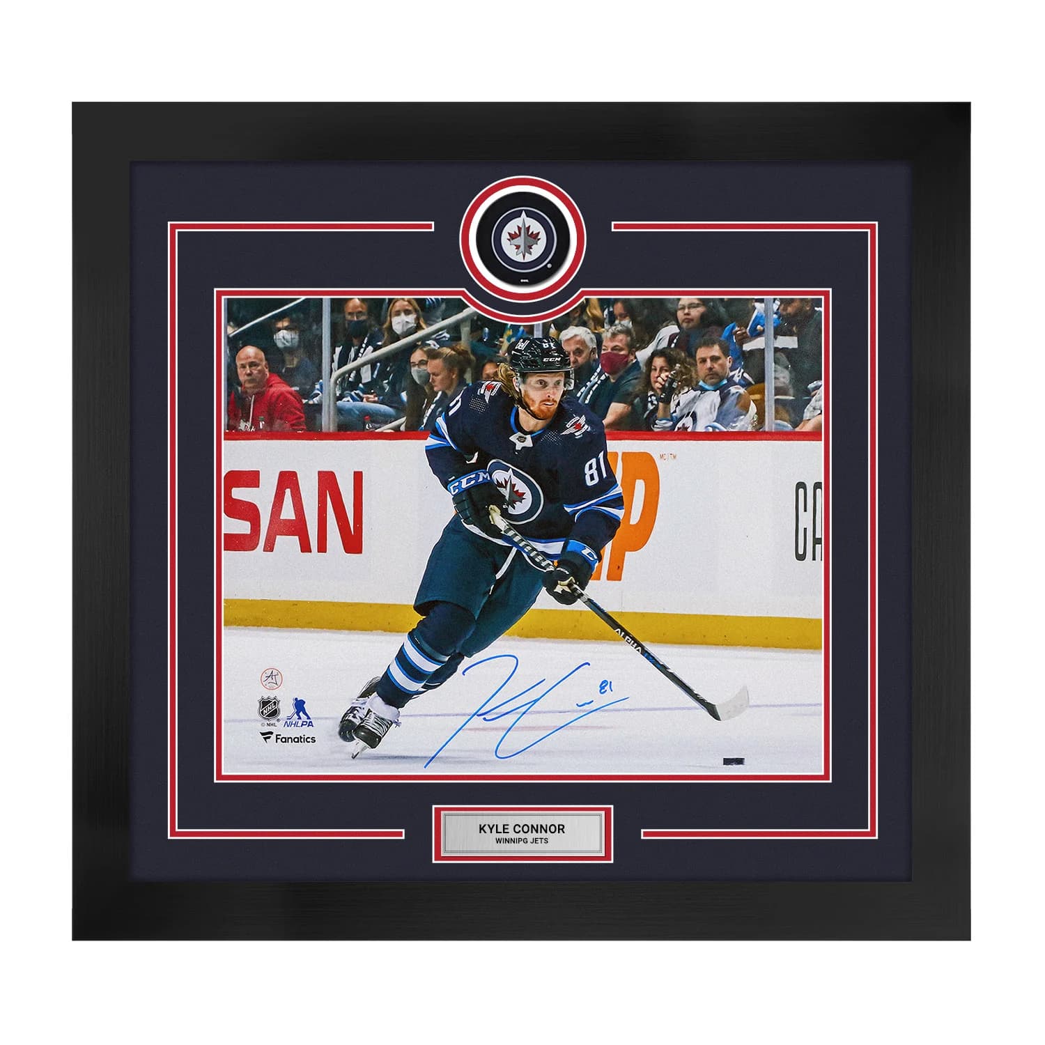 Kyle Connor Autographed Winnipeg Jets Puck Logo 28x30 Frame Kyle Connor Puck 28x30-logo-frame, Winnipeg Jets, supplier stock photo