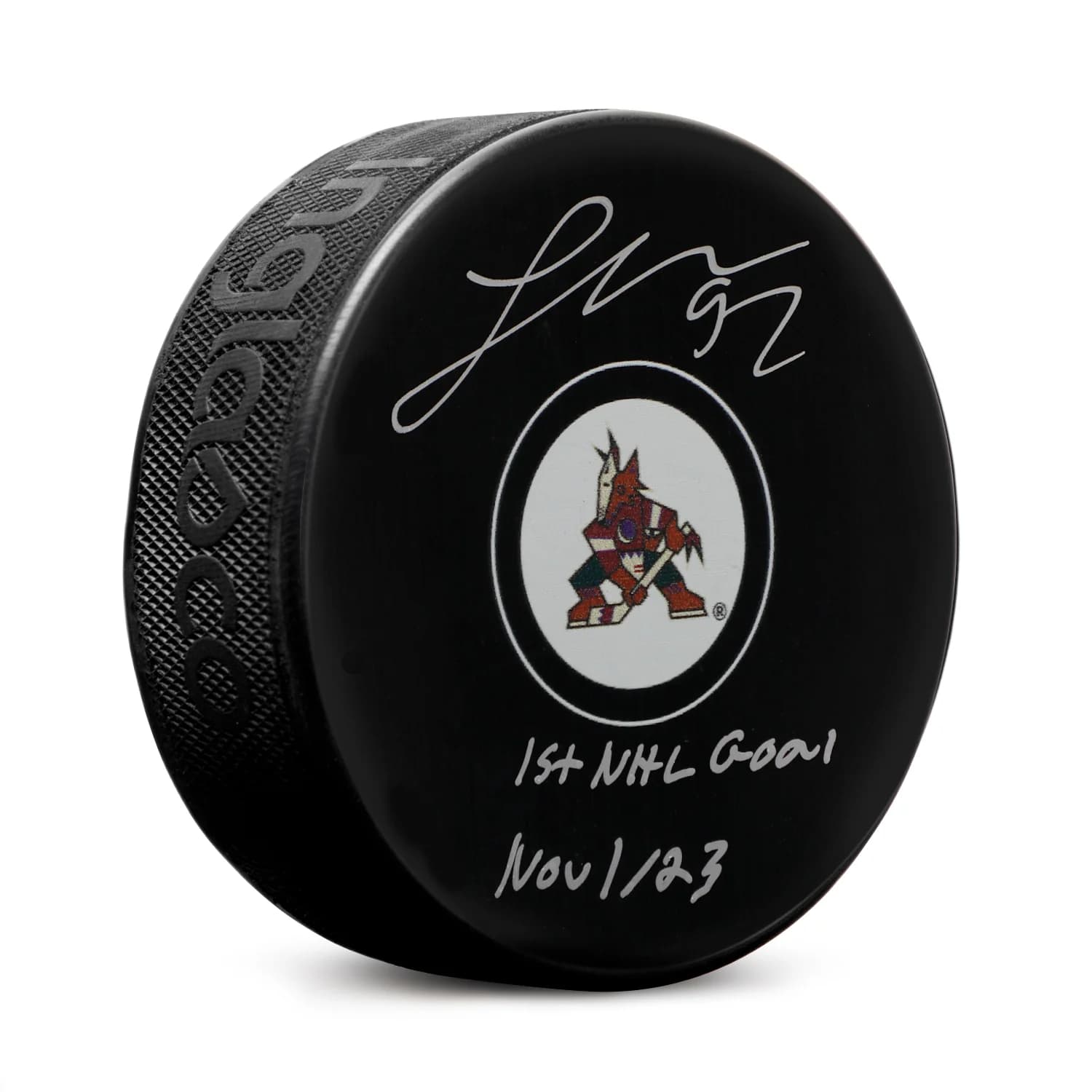 Logan Cooley Arizona Coyotes Signed & Dated 1st NHL Goal Puck Logan Cooley Puck dated-1st-nhl-goal, Arizona Coyotes, supplier stock photo
