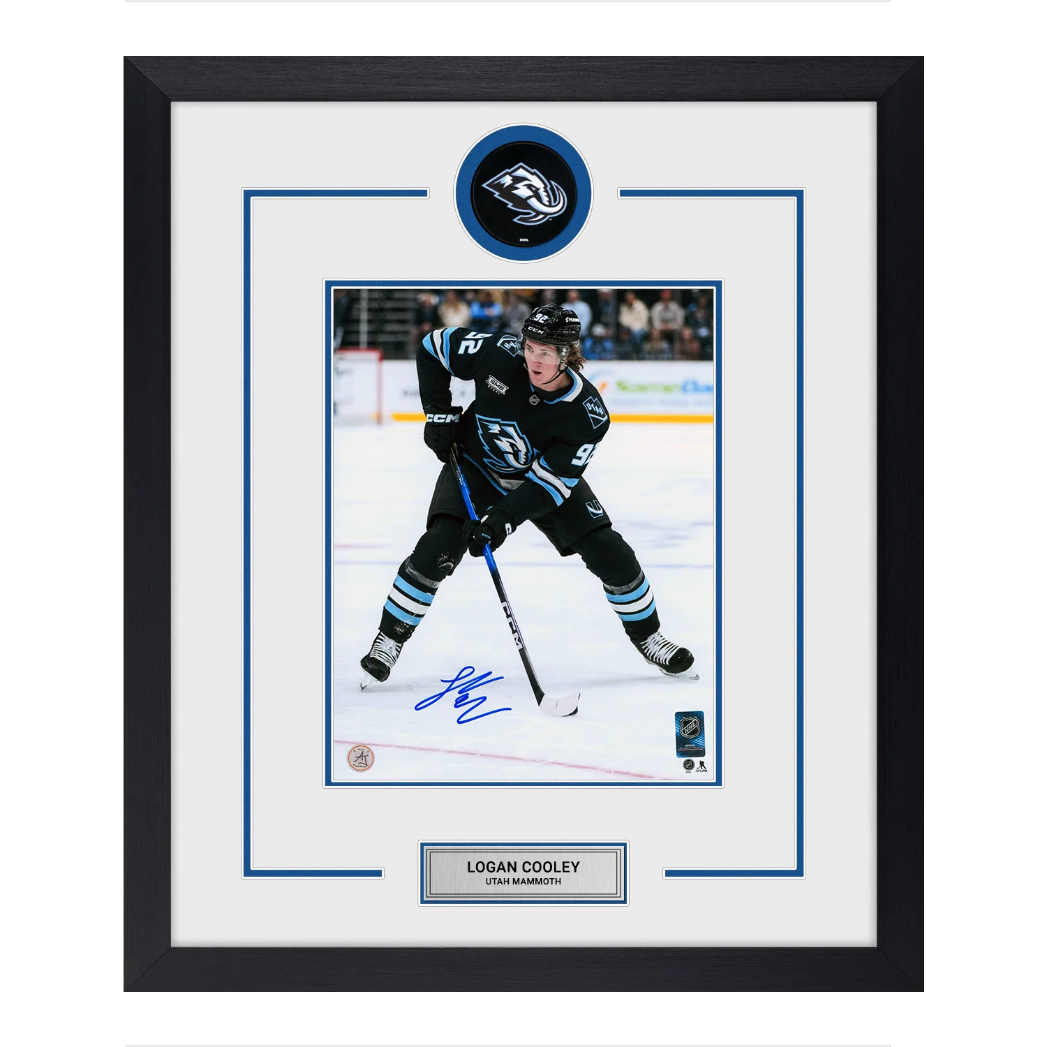 Logan Cooley Autographed Utah Mammoth Puck Logo 22x26 Frame Logan Cooley Puck 22x26-utah-mammoth-logo-frame, supplier stock photo