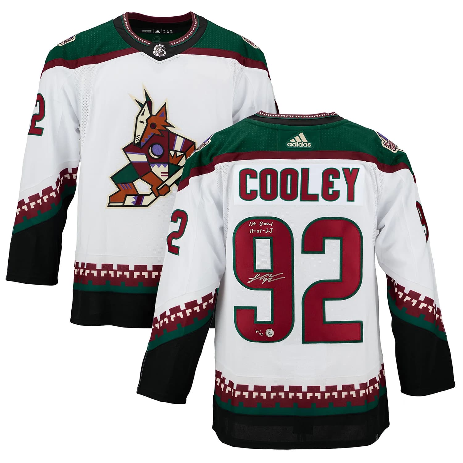 Logan Cooley Arizona Coyotes Signed & Dated 1st Goal adidas Jersey #/92 Logan Cooley Jersey logan-cooley-arizona-coyotes-dated-1st, Arizona Coyotes, view 3, supplier stock photo