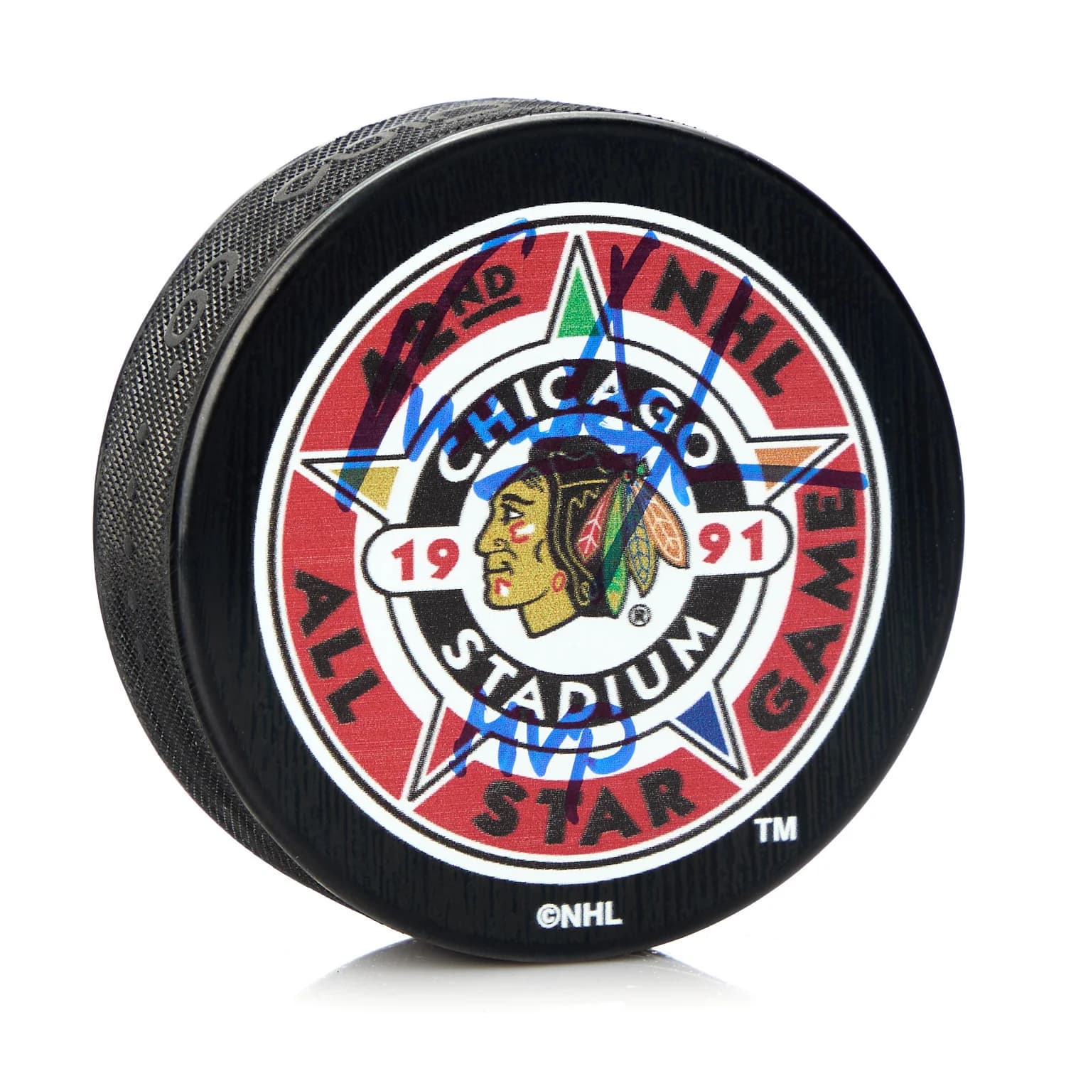 Vincent Damphousse Signed 1991 NHL All-Star Game Puck With "MVP" Note Vincent Damphousse Puck 1991-nhl-all-star-game-mvp, supplier stock photo