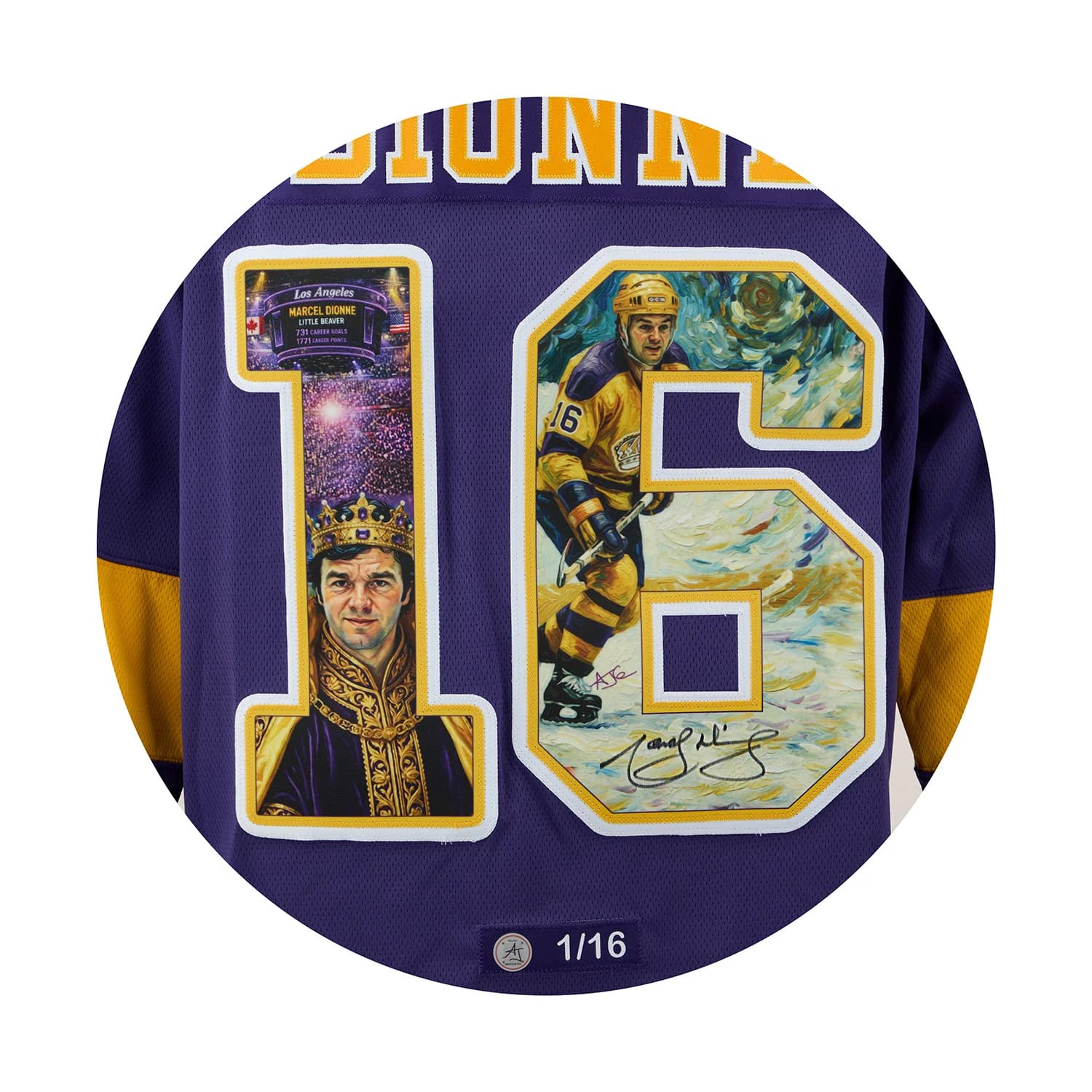 Marcel Dionne Signed Los Angeles Kings Royal impressionist Art Jersey #1/16 Marcel Dionne Jersey marcel-dionne-los-angeles-kings-royal, Los Angeles Kings, view 3, supplier stock photo