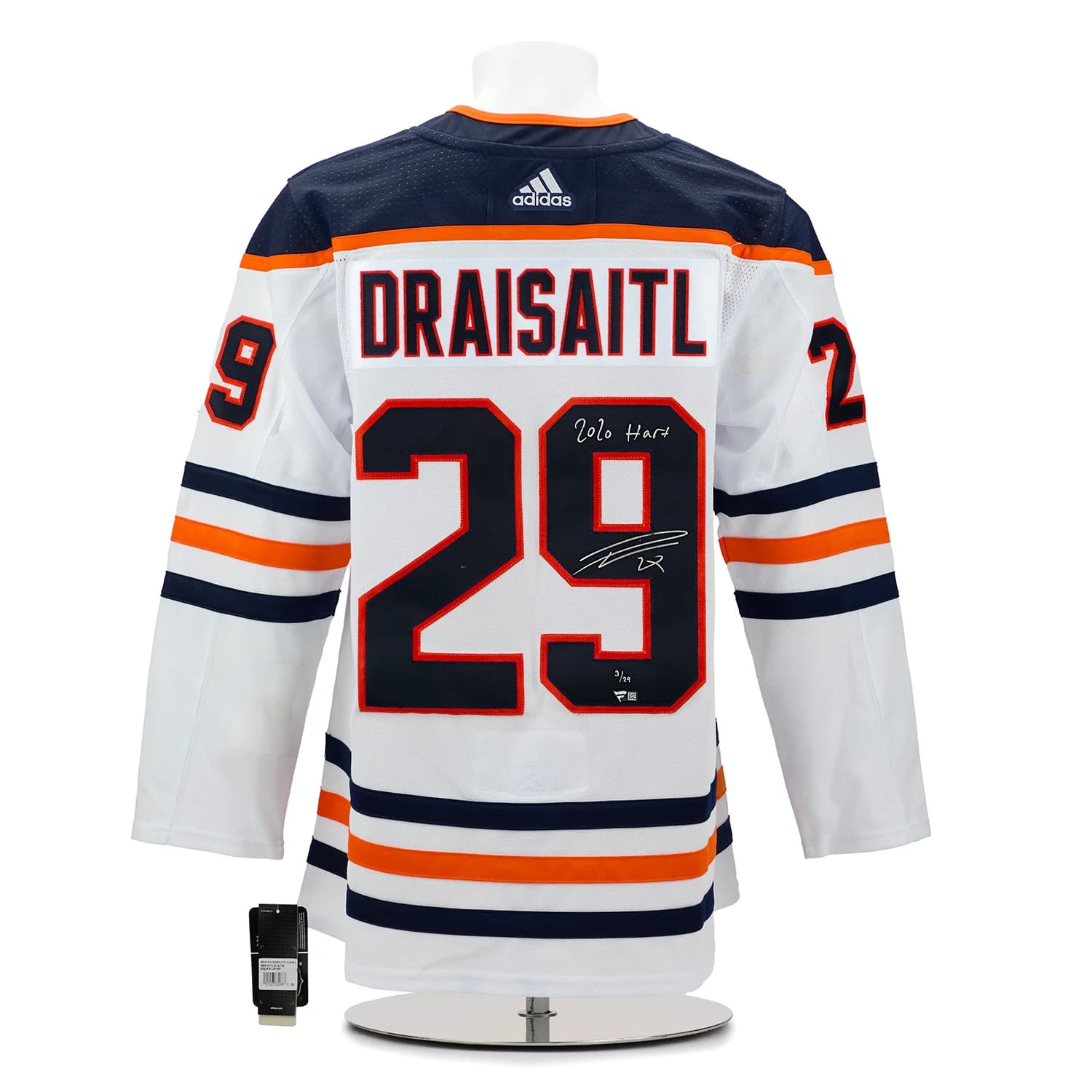 Leon Draisaitl Edmonton Oilers Signed 2020 Hart White adidas Jersey #3/29 Leon Draisaitl Jersey leon-draisaitl-2020-hart-white-adidas, Edmonton Oilers, supplier stock photo