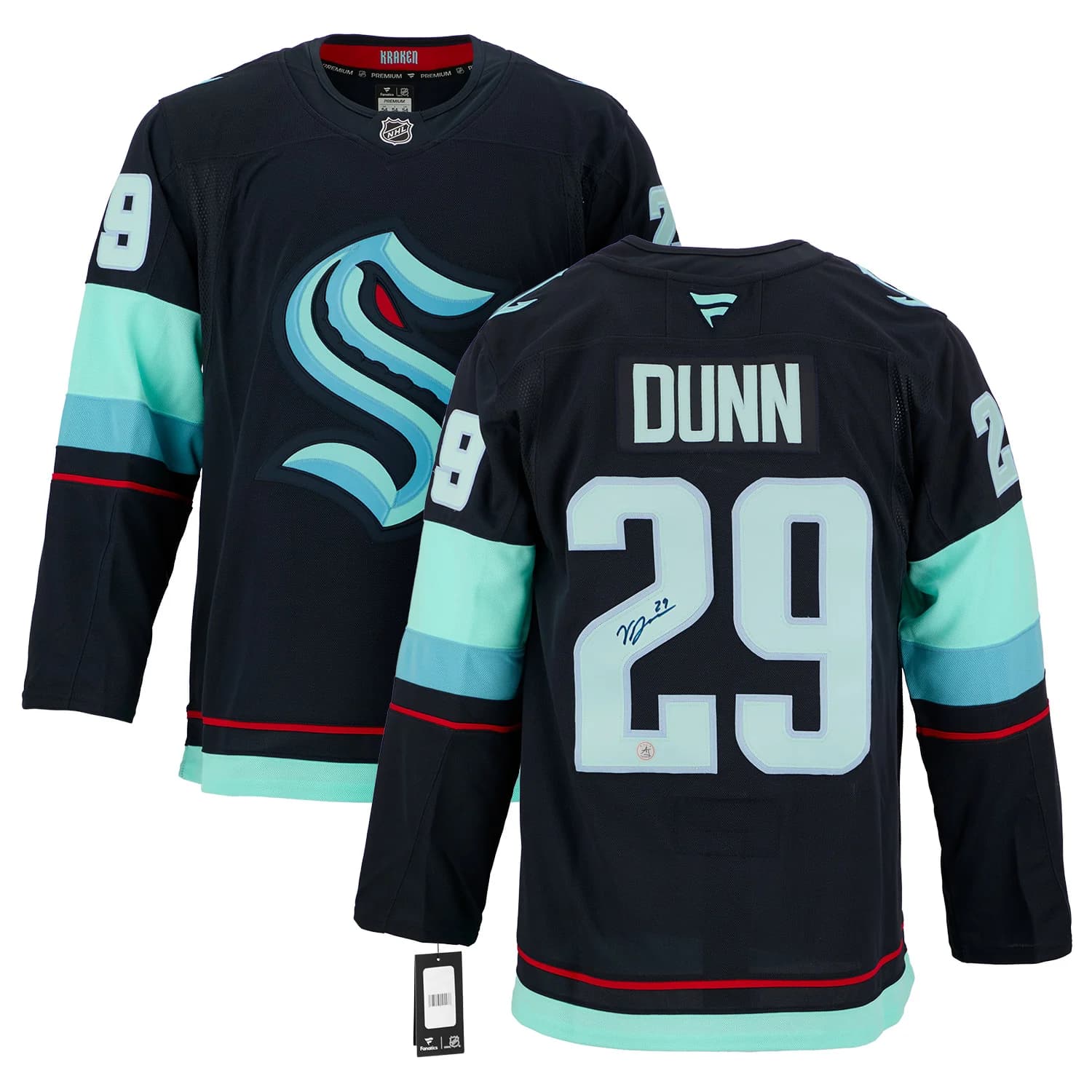 Vince Dunn Autographed Seattle Kraken Fanatics Premium Jersey Vince Dunn Jersey premium, Seattle Kraken, view 3, supplier stock photo