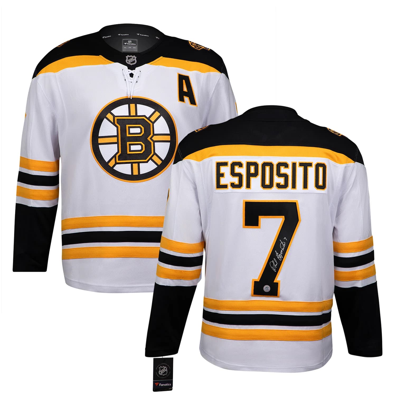 Phil Esposito Signed Boston Bruins White Fanatics Breakaway Jersey Phil Esposito Jersey white-breakaway, Boston Bruins, view 3, supplier stock photo