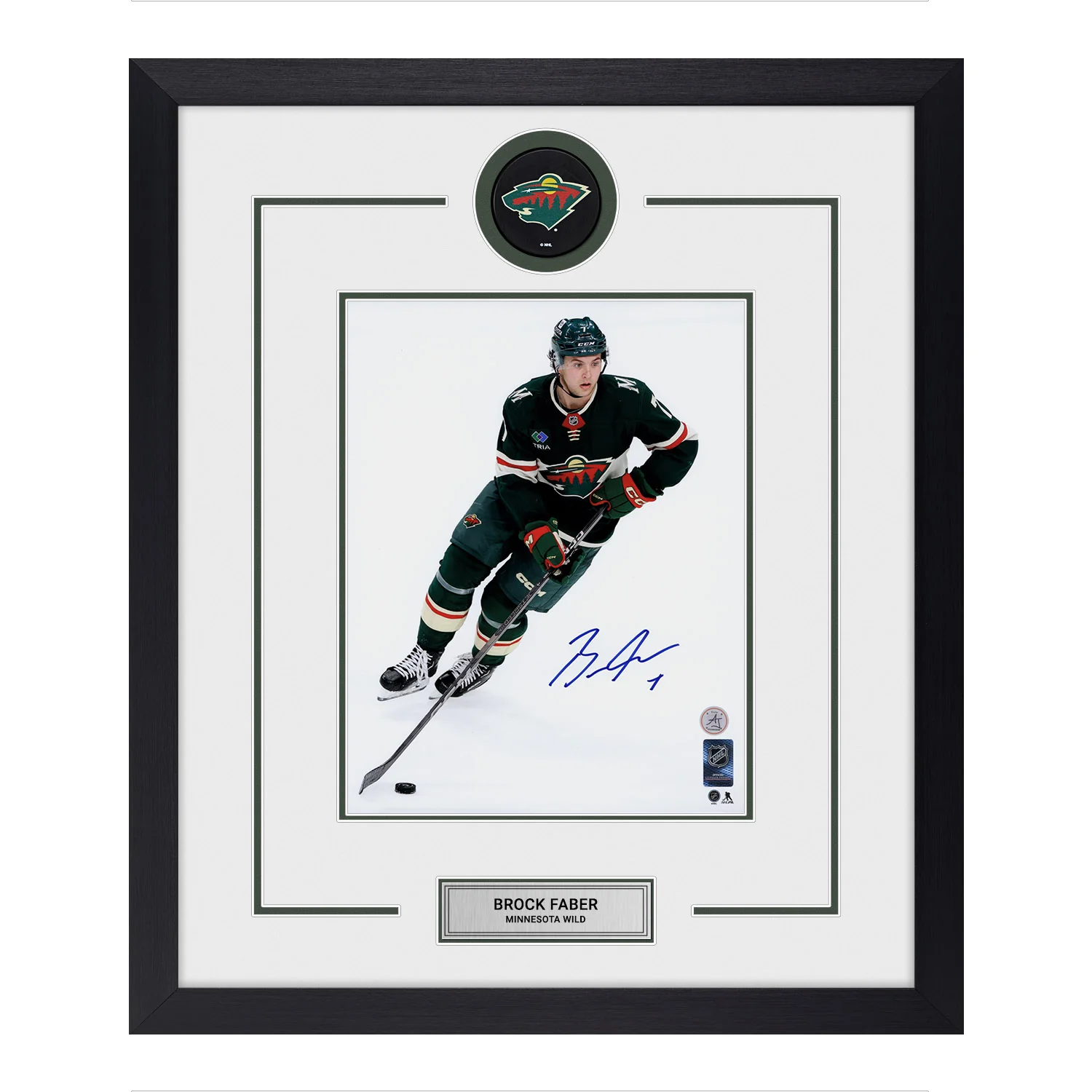 Brock Faber Autographed Minnesota Wild Puck Logo 23x27 Frame Brock Faber Puck 23x27-logo-frame, Minnesota Wild, supplier stock photo