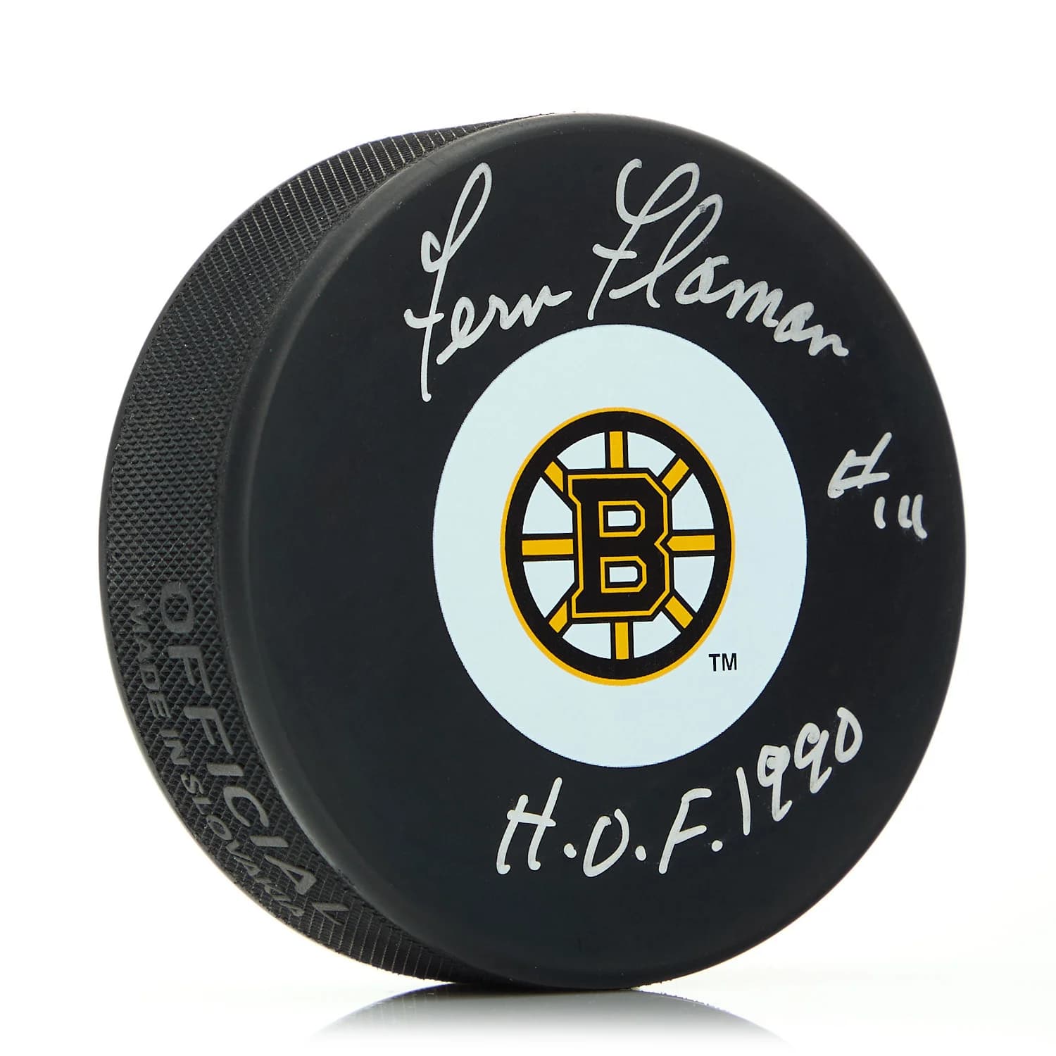 Fern Flaman Signed Boston Bruins Hockey Puck with HOF Note Fern Flaman Puck hockey-hof-note, Boston Bruins, supplier stock photo