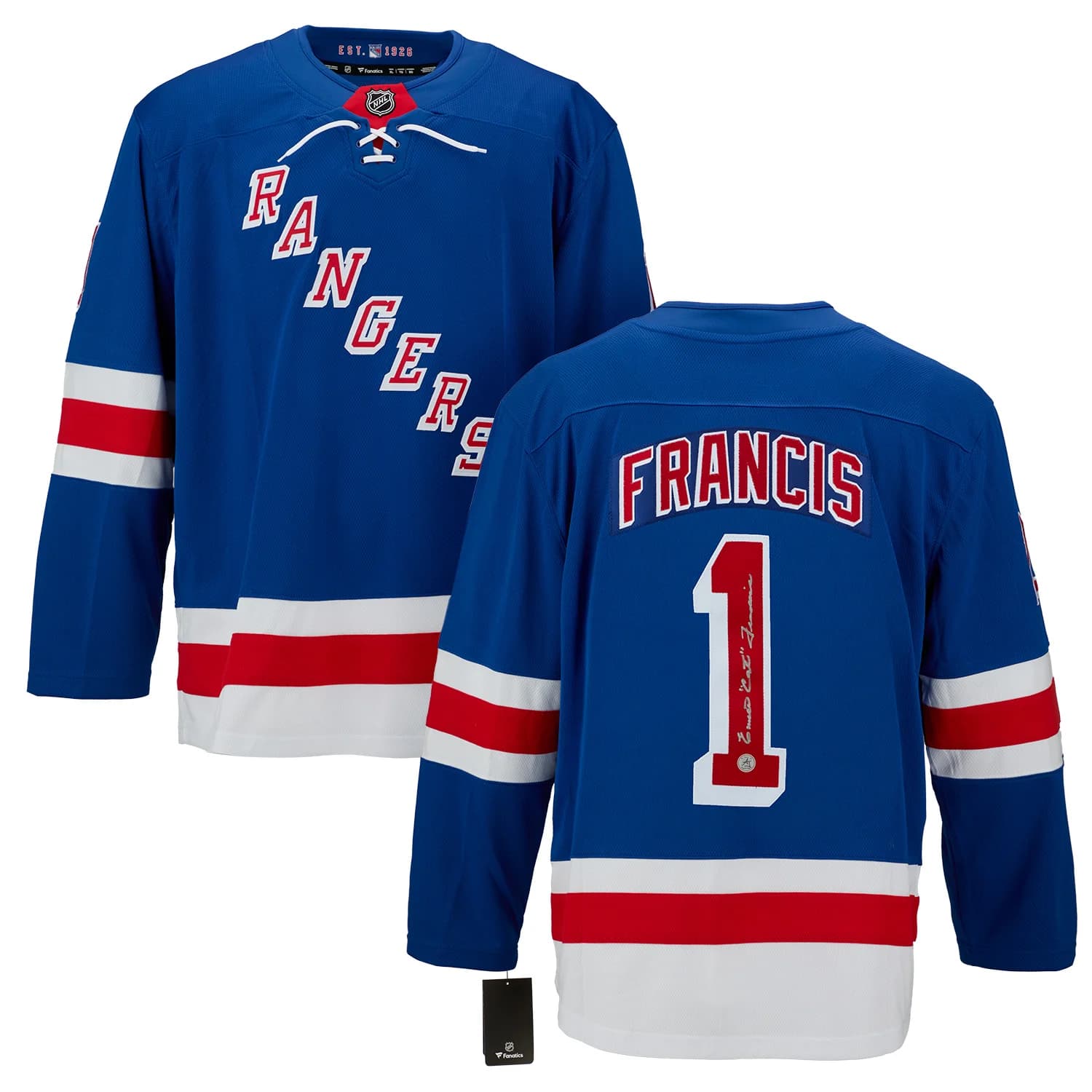 Emile Francis Autographed New York Rangers Fanatics Breakaway Jersey Emile Francis Jersey breakaway, New York Rangers, view 3, supplier stock photo