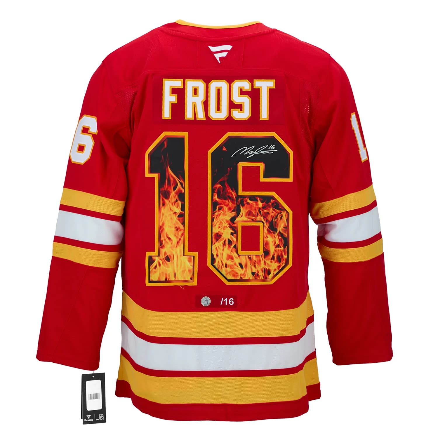 Morgan Frost Signed Calgary Flames Roaring Fire Art Jersey #/16 Morgan Frost Jersey roaring-fire-art-16, Calgary Flames, supplier stock photo
