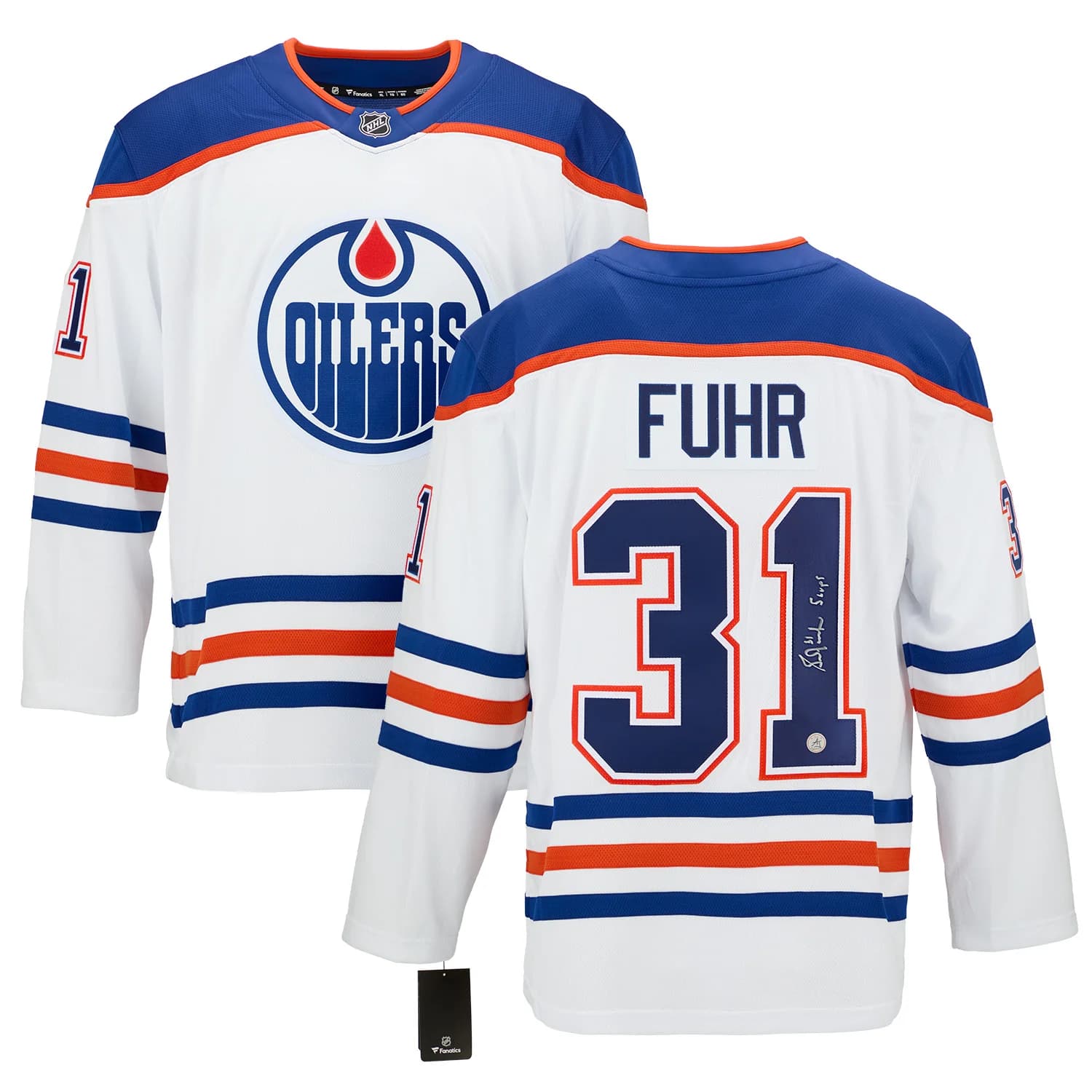 Grant Fuhr Signed & Inscribed Edmonton Oilers White Fanatics Breakaway Jersey Grant Fuhr Jersey inscribed-white-breakaway, Edmonton Oilers, view 3, supplier stock photo