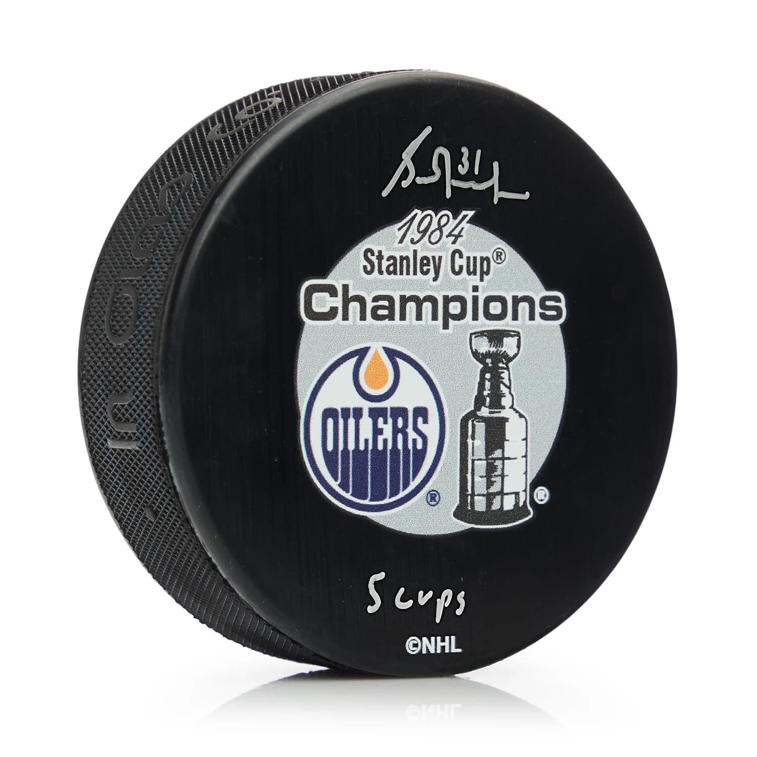 Grant Fuhr Signed Edmonton Oilers 1984 Stanley Cup Puck with 5 Cups Note Grant Fuhr Puck 1984-stanley-cup-5-cups-note, Edmonton Oilers, supplier stock photo