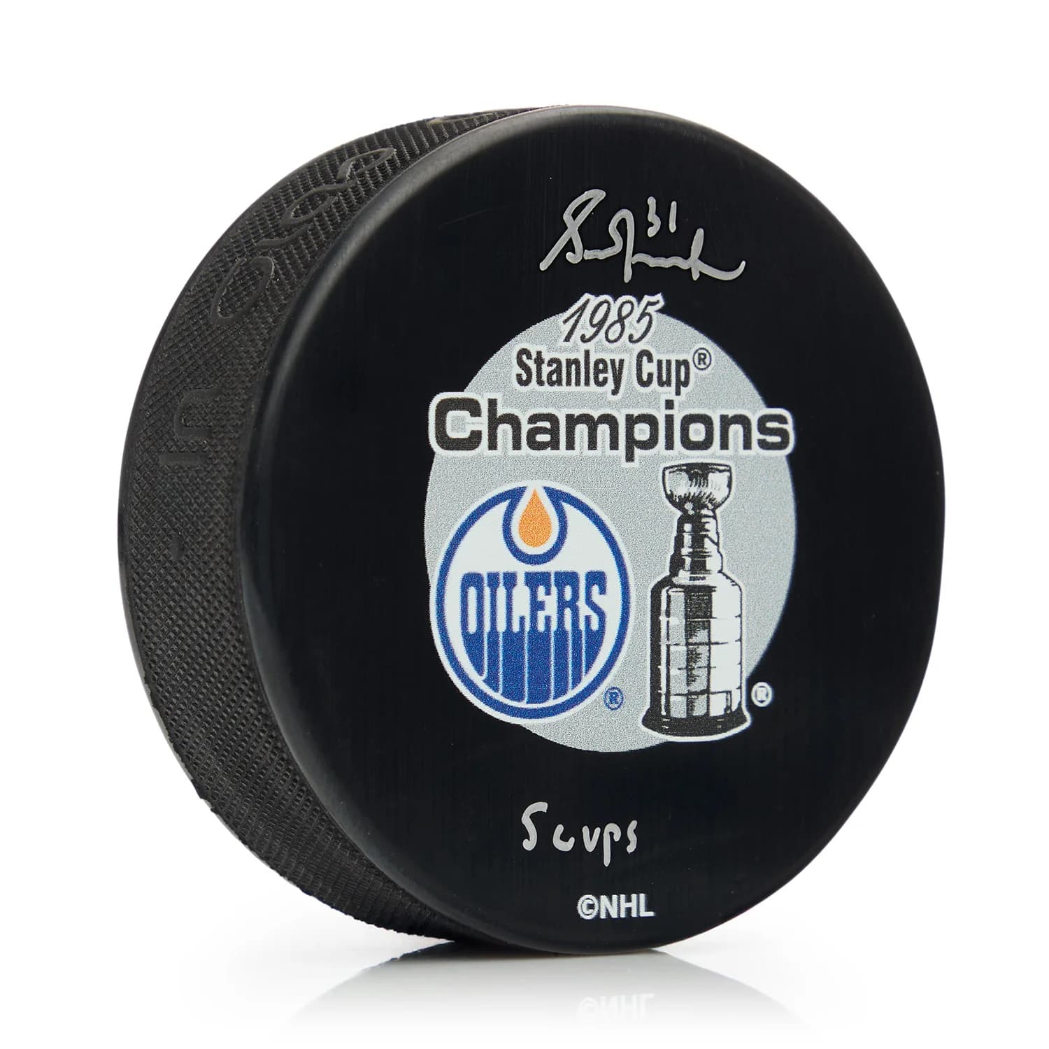 Grant Fuhr Signed Edmonton Oilers 1985 Stanley Cup Puck with 5 Cups Note Grant Fuhr Puck 1985-stanley-cup-5-cups-note, Edmonton Oilers, supplier stock photo