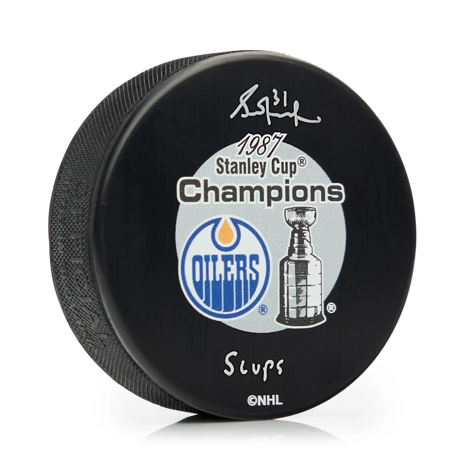 Grant Fuhr Signed Edmonton Oilers 1987 Stanley Cup Puck with 5 Cups Note Grant Fuhr Puck 1987-stanley-cup-5-cups-note, Edmonton Oilers, supplier stock photo