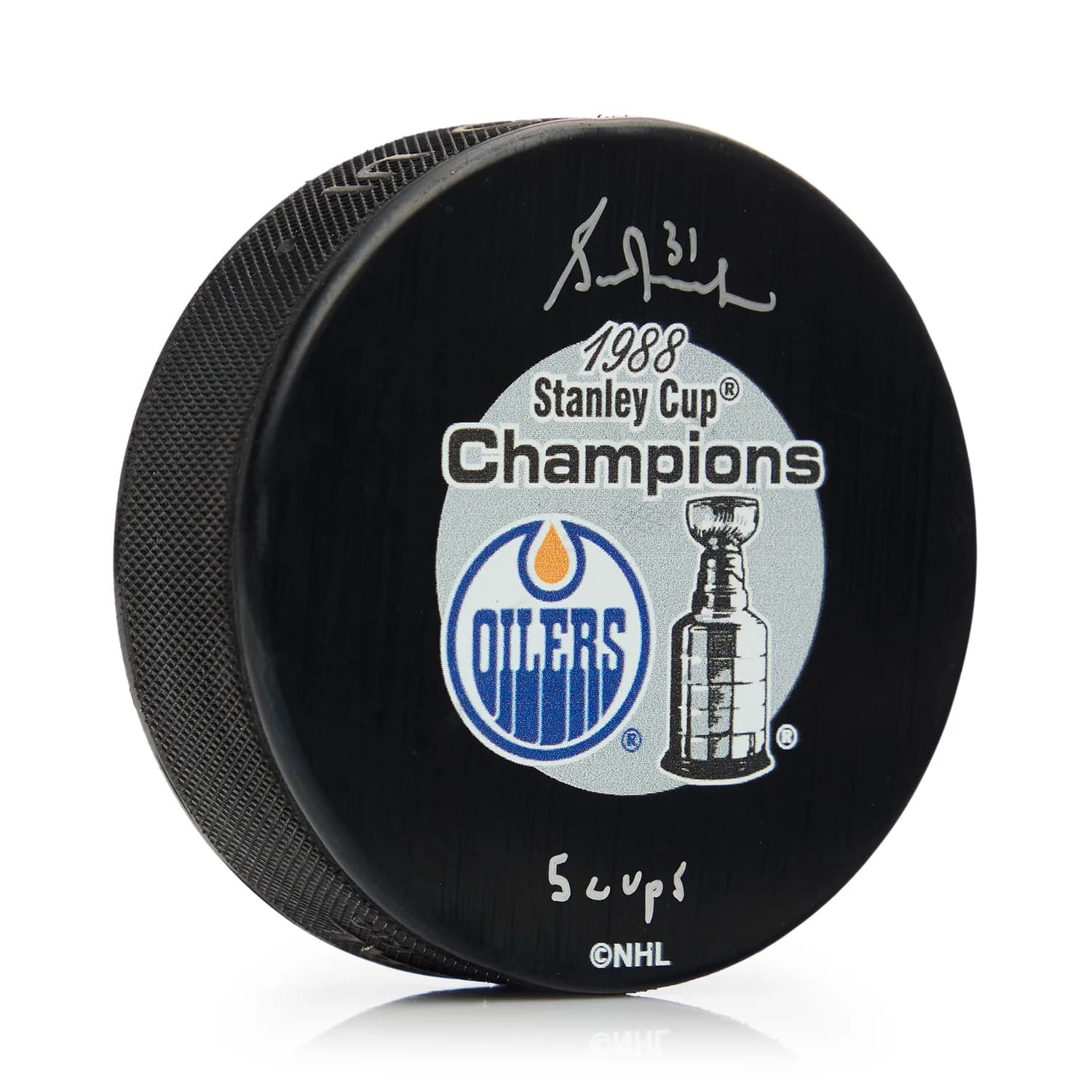 Grant Fuhr Signed Edmonton Oilers 1988 Stanley Cup Puck with 5 Cups Note Grant Fuhr Puck 1988-stanley-cup-5-cups-note, Edmonton Oilers, supplier stock photo