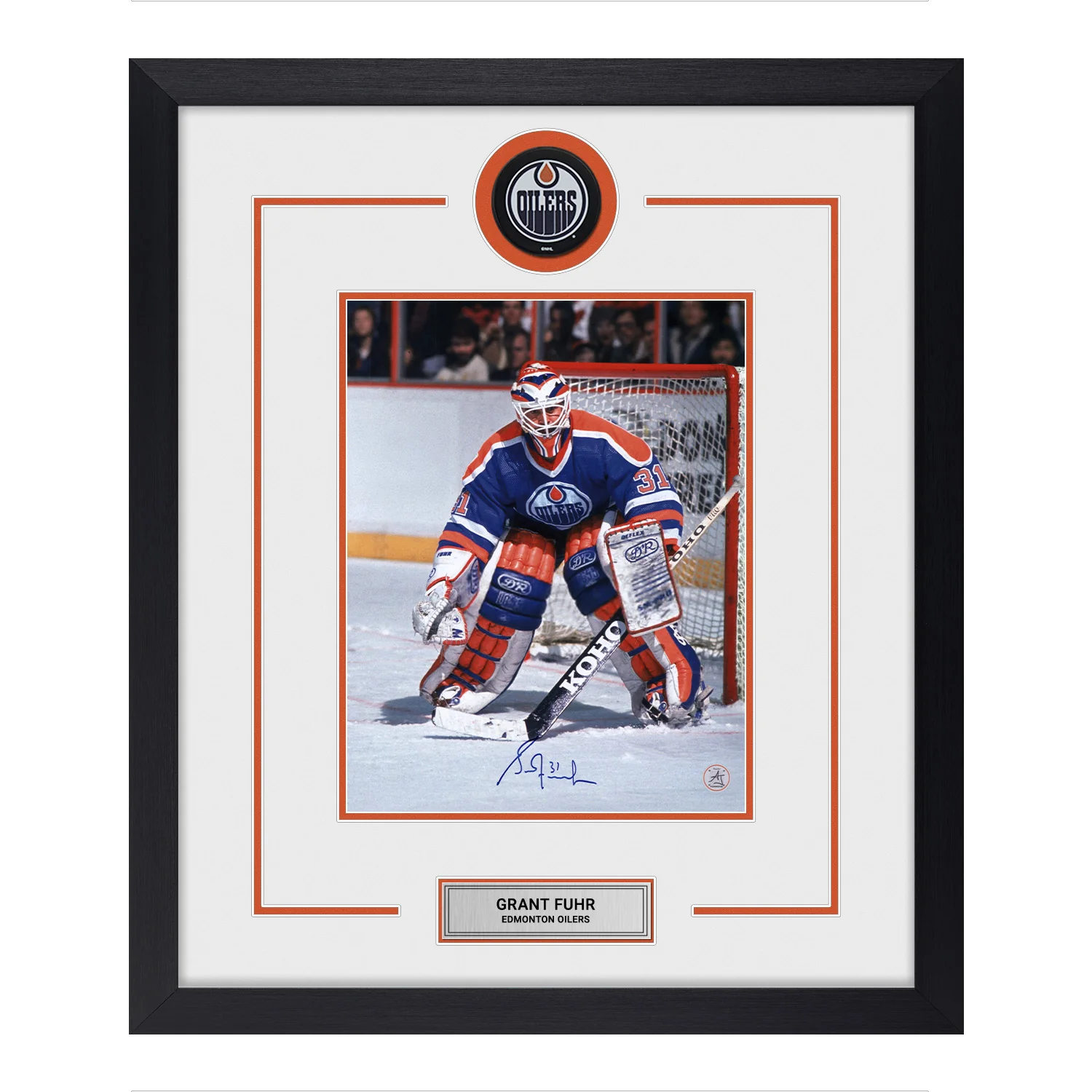 Grant Fuhr Signed Edmonton Oilers Puck Logo 22x26 Frame Grant Fuhr Puck 22x26-logo-frame, Edmonton Oilers, supplier stock photo