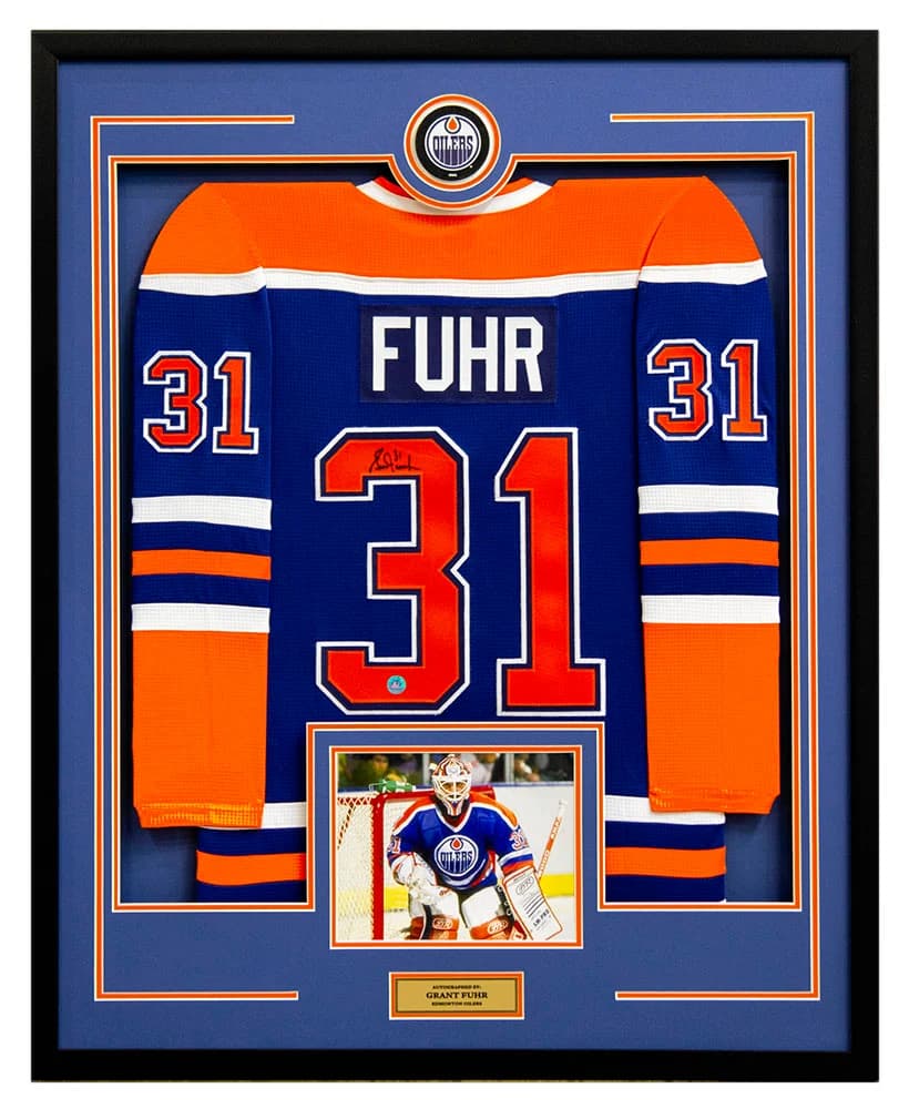 Grant Fuhr Signed Edmonton Oilers Puck Logo 36x44 Jersey Frame Grant Fuhr Jersey 36x44-logo-frame, Edmonton Oilers, supplier stock photo