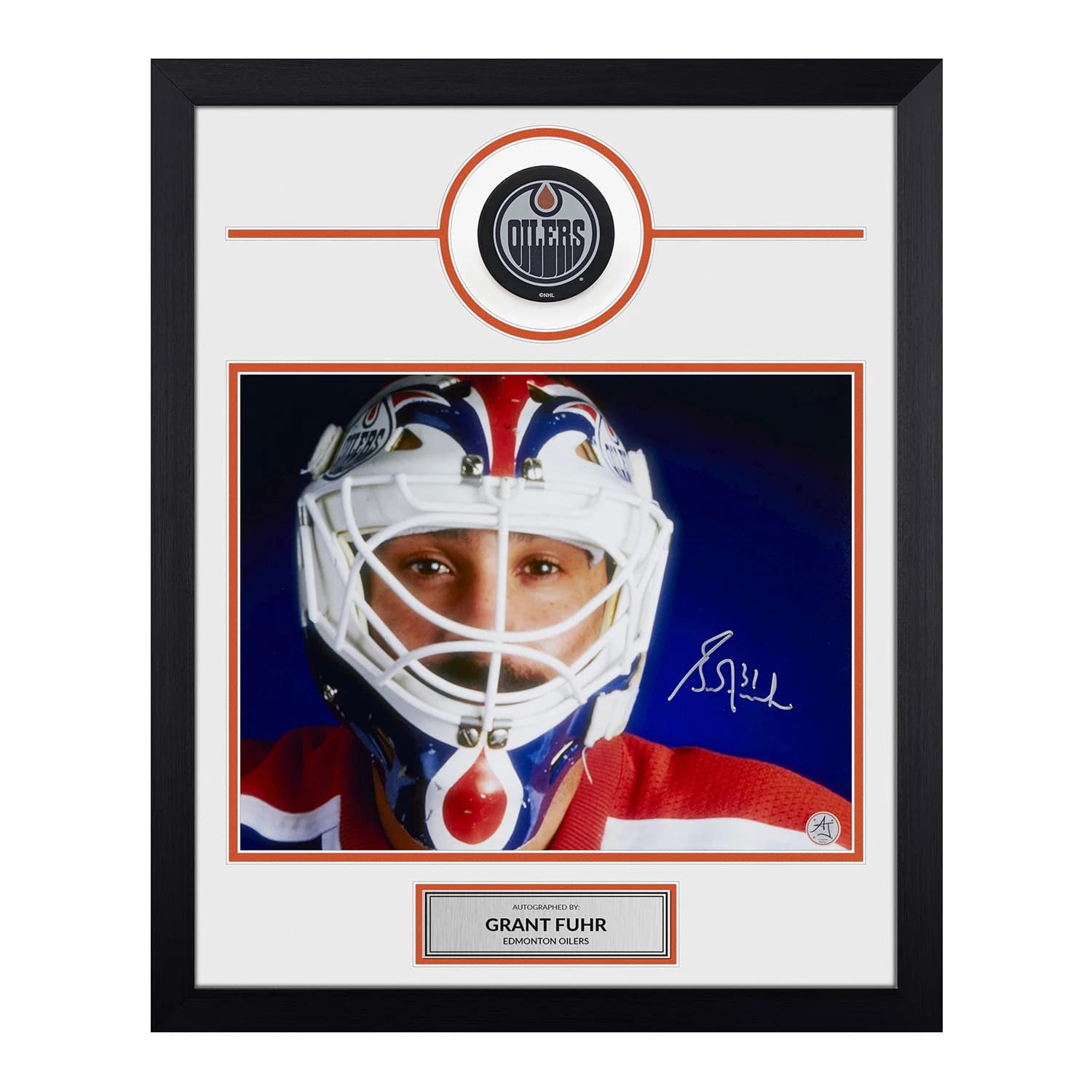 Grant Fuhr Signed Edmonton Oilers Puck Logo 19x23 Frame Grant Fuhr Puck 19x23-logo-frame, Edmonton Oilers, supplier stock photo