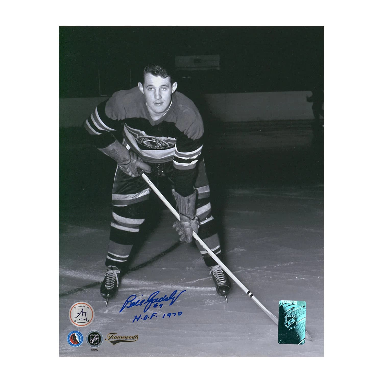 Bill Gadsby Autographed Chicago Blackhawks Black and White 8x10 Photo Bill Gadsby Photo 8x10-black-white, Chicago Blackhawks, supplier stock photo