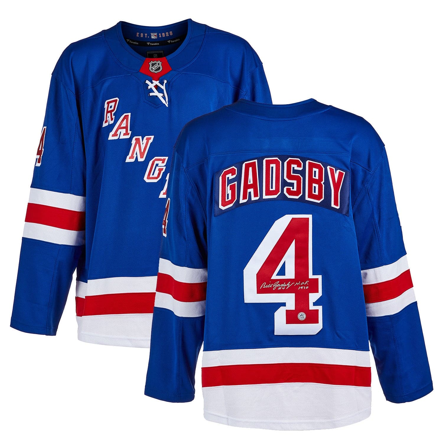 Bill Gadsby Autographed New York Rangers Fanatics Breakaway Jersey Bill Gadsby Jersey breakaway, New York Rangers, view 3, supplier stock photo