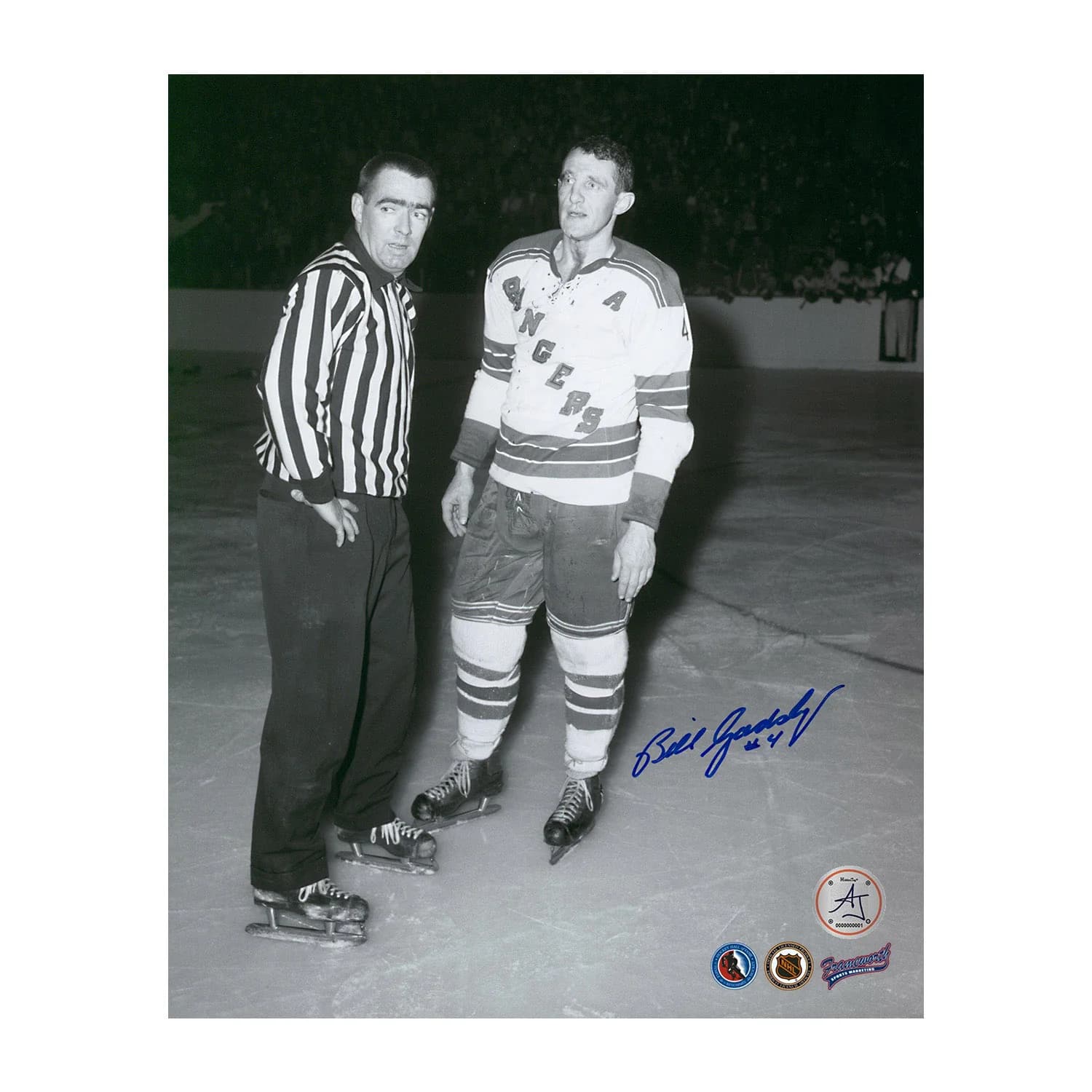 Bill Gadsby Autographed New York Rangers Black and White 8x10 Photo Bill Gadsby Photo 8x10-black-white, New York Rangers, supplier stock photo