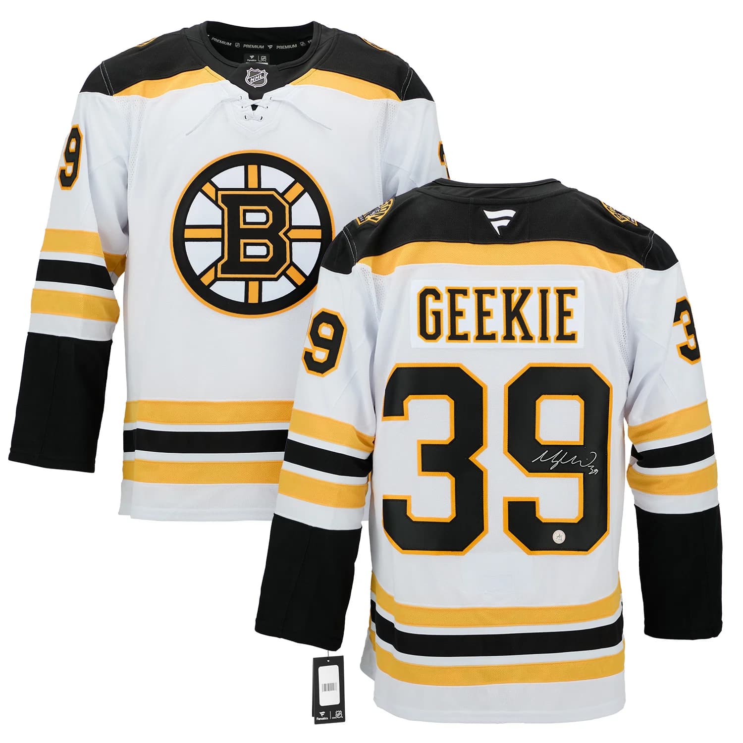 Morgan Geekie Signed Boston Bruins White Fanatics Premium Jersey Morgan Geekie Jersey white-premium, Boston Bruins, view 3, supplier stock photo