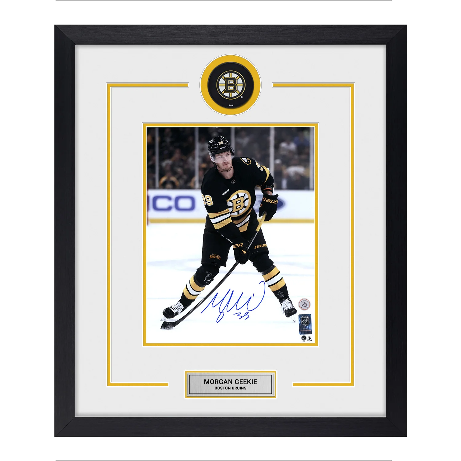 Morgan Geekie Autographed Boston Bruins Puck Logo 22x26 Frame Morgan Geekie Puck 22x26-logo-frame, Boston Bruins, supplier stock photo