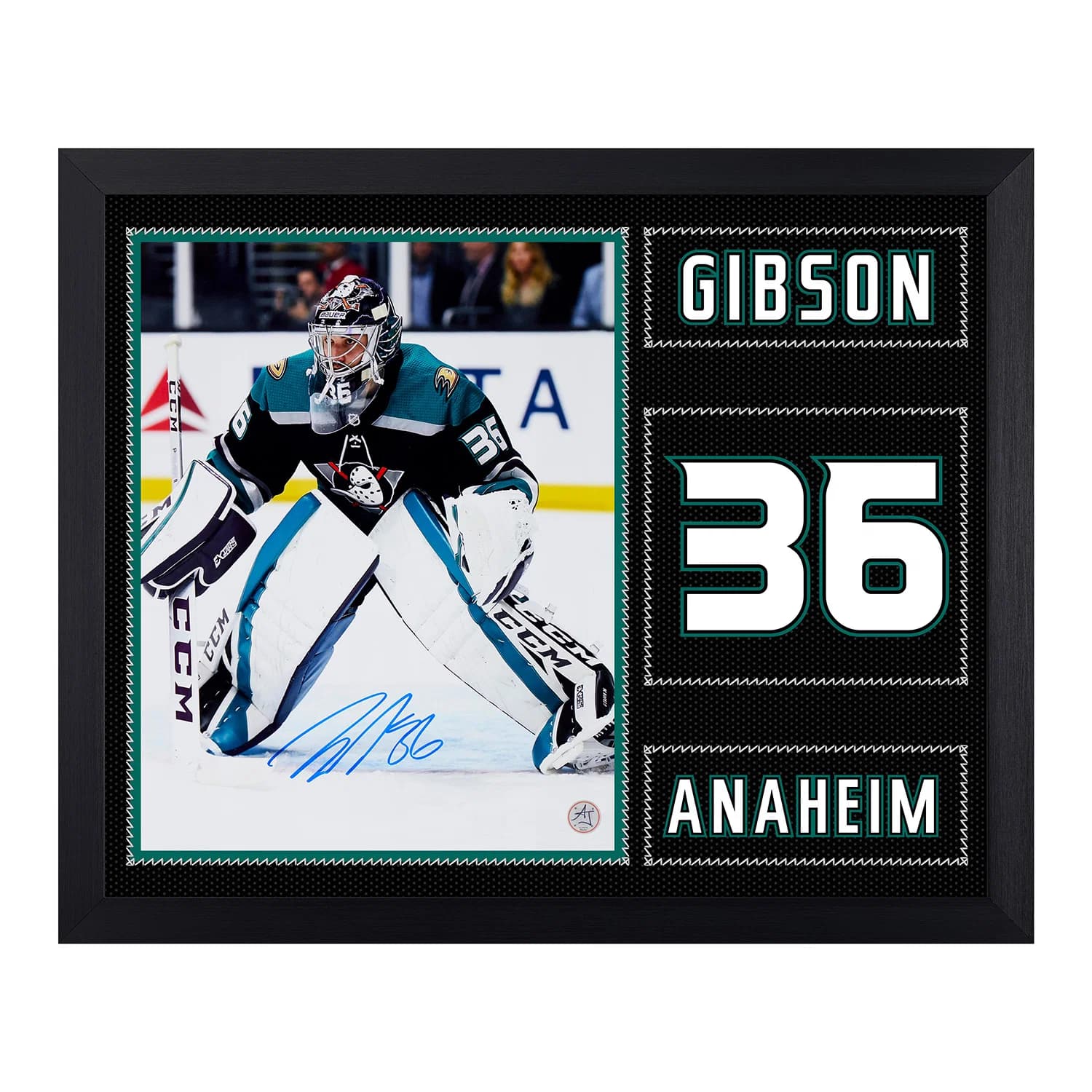 John Gibson Autographed Anaheim Ducks Uniform Graphic 19x23 Frame John Gibson Jersey 19x23-uniform-graphic-frame, Anaheim Ducks, supplier stock photo