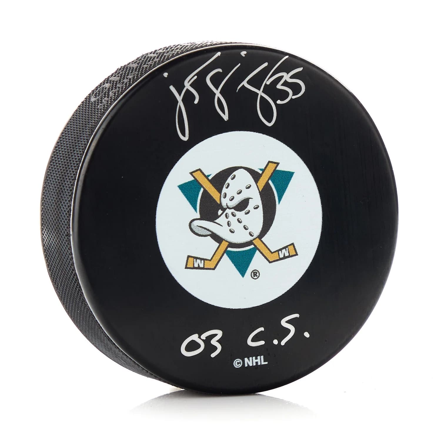 JS Giguere Signed Anaheim Ducks Hockey Puck JS Giguere Puck hockey, Anaheim Ducks, supplier stock photo