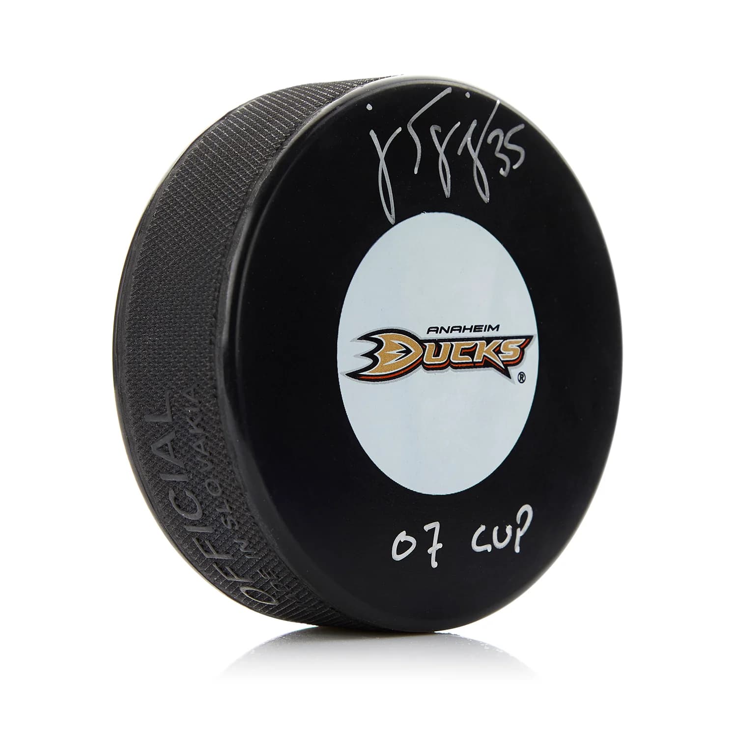JS Giguere Signed Anahiem Ducks Hockey Puck with 07 Cup note JS Giguere Puck anahiem-ducks-hockey-07-cup-note, supplier stock photo